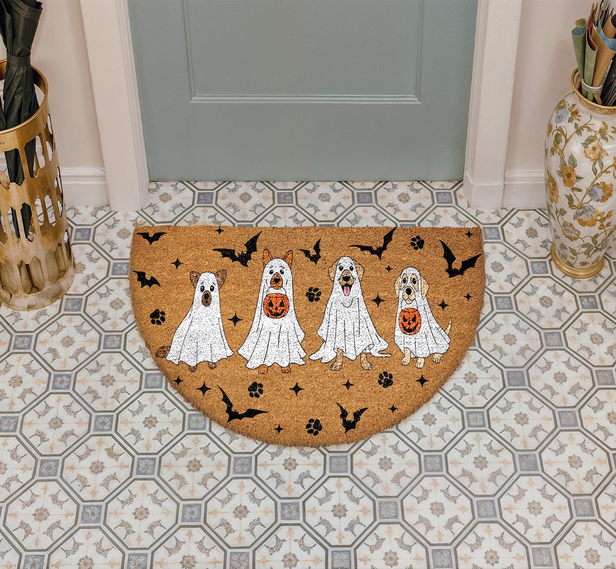 Ghost Dogs Doormat, Spooky Bats Welcome Mat, Dog Lover Gift, Cute Fall Porch Rug