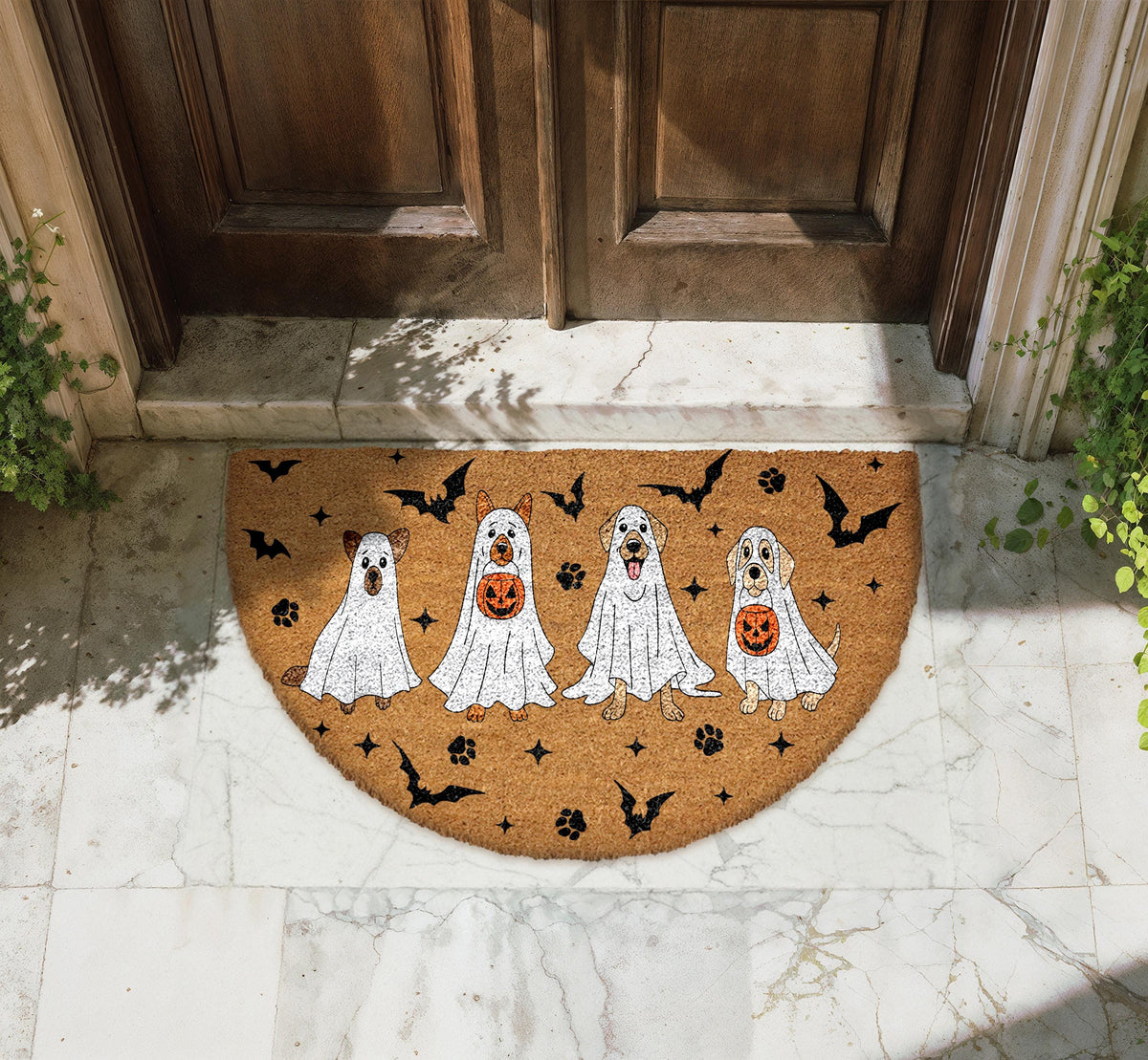 Ghost Dogs Doormat, Spooky Bats Welcome Mat, Dog Lover Gift, Cute Fall Porch Rug