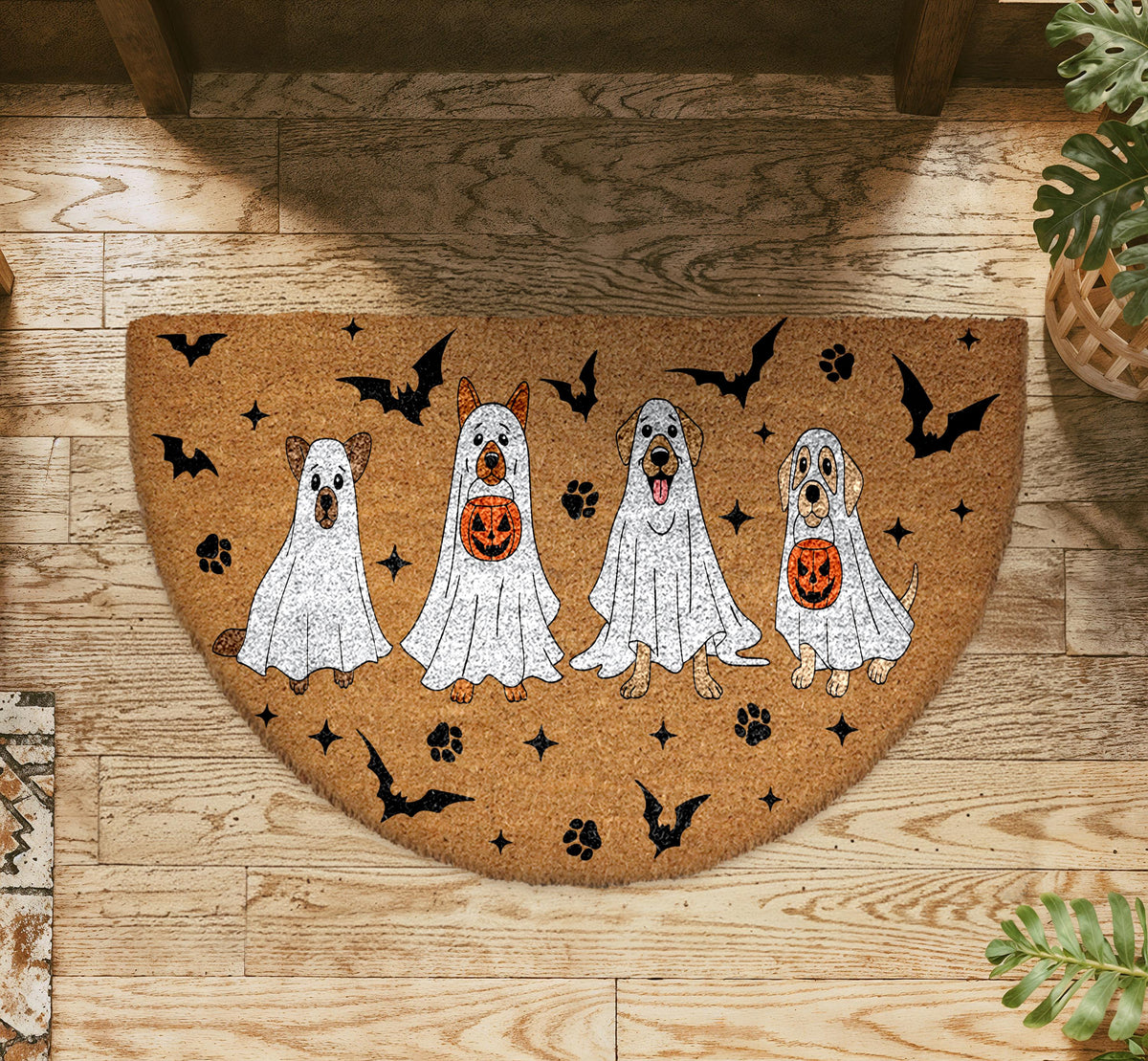 Ghost Dogs Doormat, Spooky Bats Welcome Mat, Dog Lover Gift, Cute Fall Porch Rug