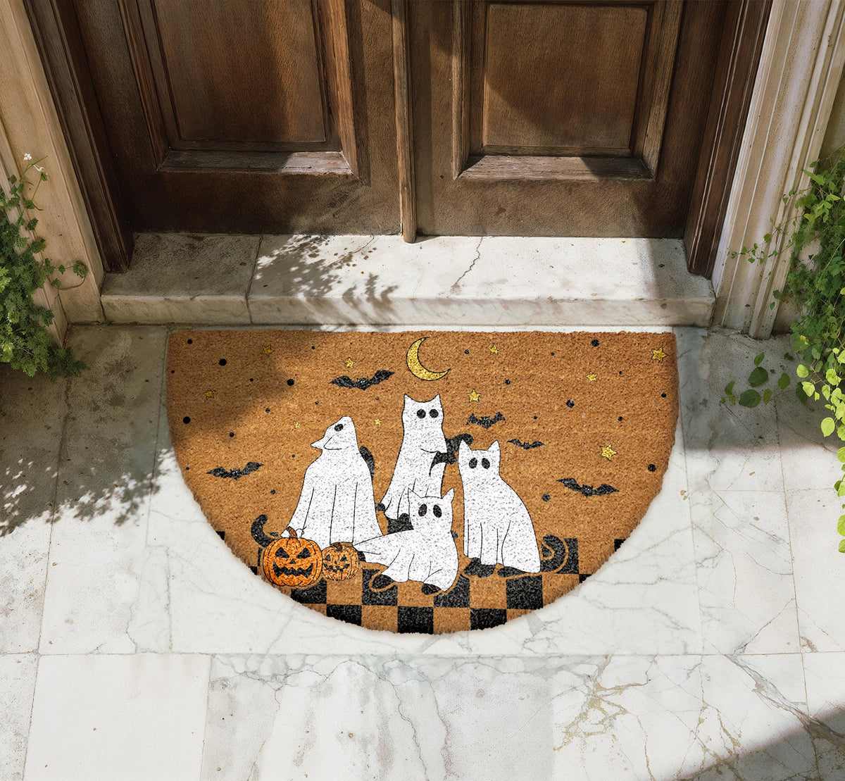 Spooky Cats & Pumpkins Doormat, Halloween Welcome Mat, Cute Ghost Fall Decor