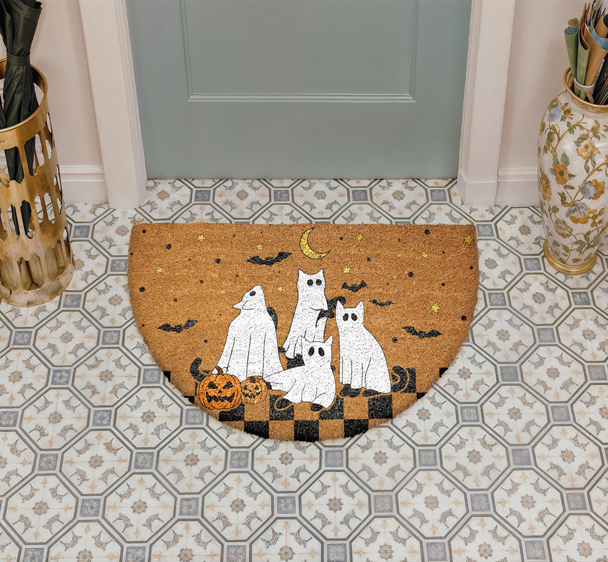 Spooky Cats & Pumpkins Doormat, Halloween Welcome Mat, Cute Ghost Fall Decor