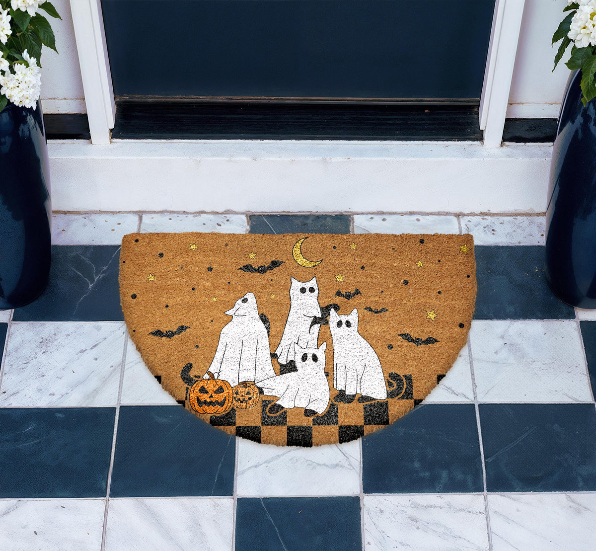Spooky Cats & Pumpkins Doormat, Halloween Welcome Mat, Cute Ghost Fall Decor