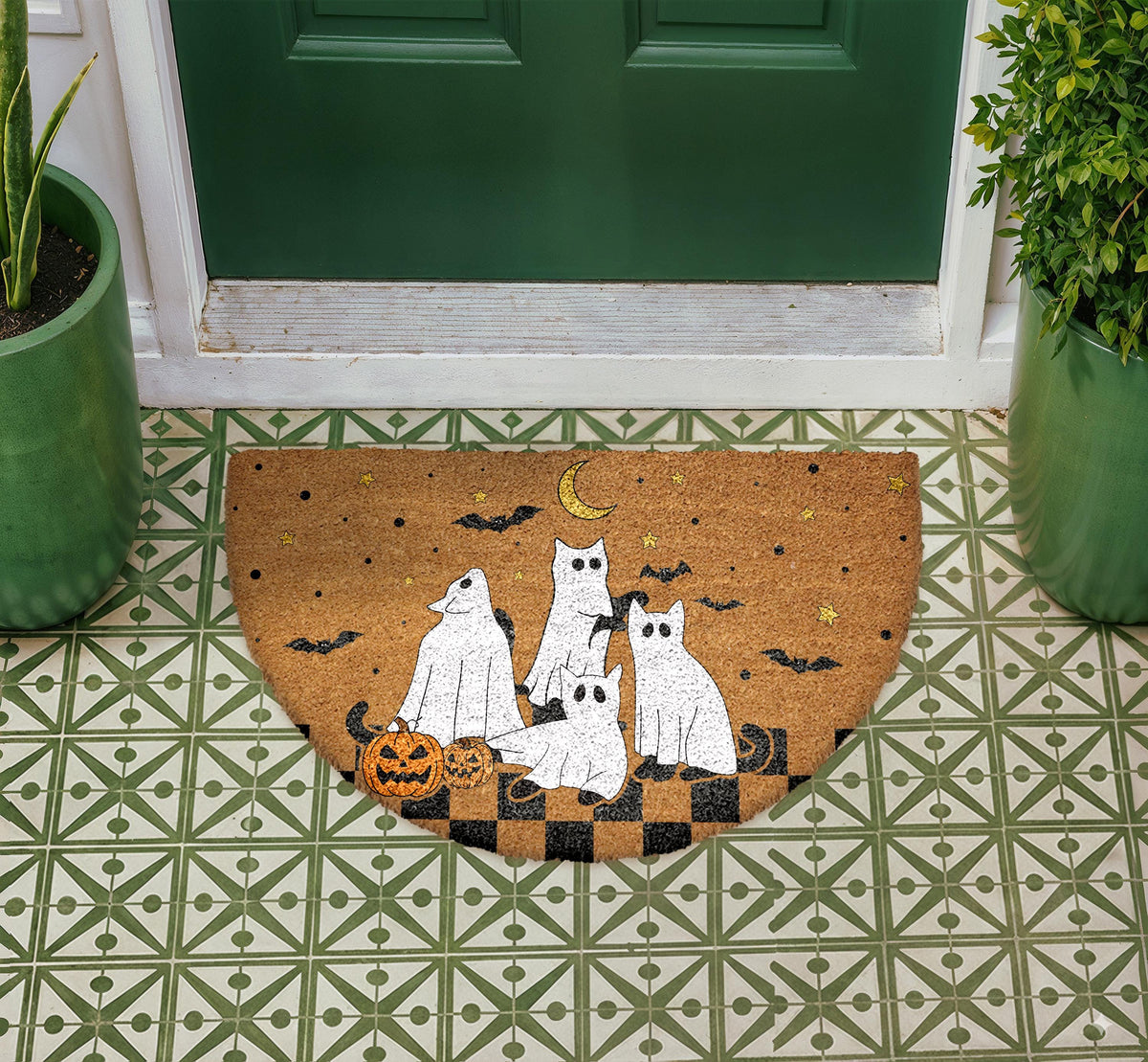 Spooky Cats & Pumpkins Doormat, Halloween Welcome Mat, Cute Ghost Fall Decor
