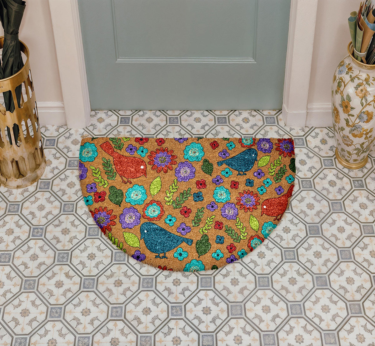 Birds & Flower Doormat, Folk Art Door Mat, Bohemian Floral Welcome Mat