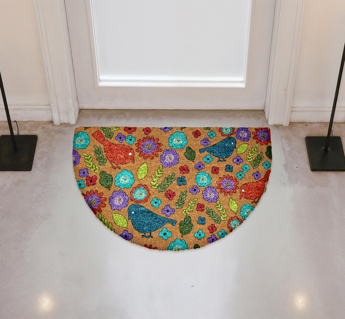 Birds & Flower Doormat, Folk Art Door Mat, Bohemian Floral Welcome Mat