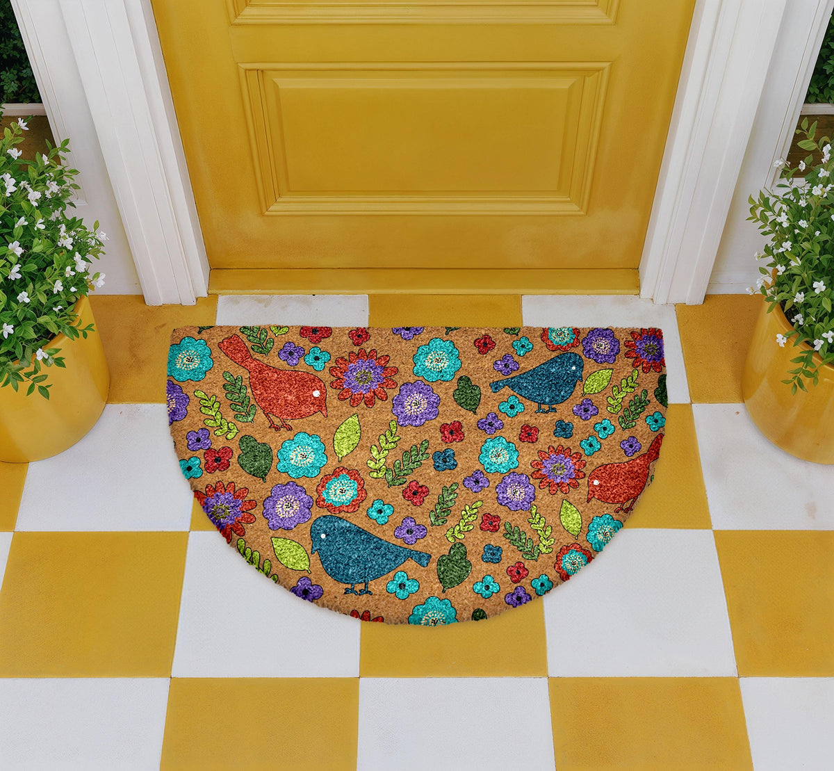 Birds & Flower Doormat, Folk Art Door Mat, Bohemian Floral Welcome Mat