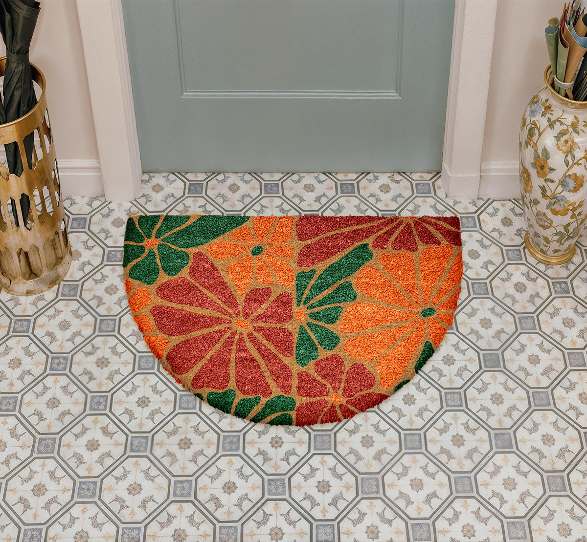 Bohemian Floral Welcome Mat, Vibrant Flower Doormat, Artistic Home Decor