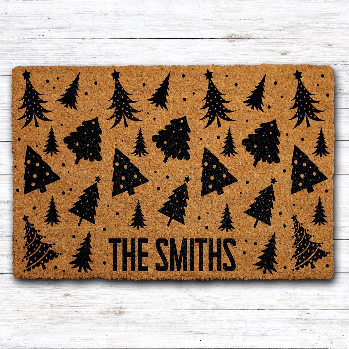 Personalized Christmas Tree Pattern Doormat, Custom Last Name Holiday Coir Mat