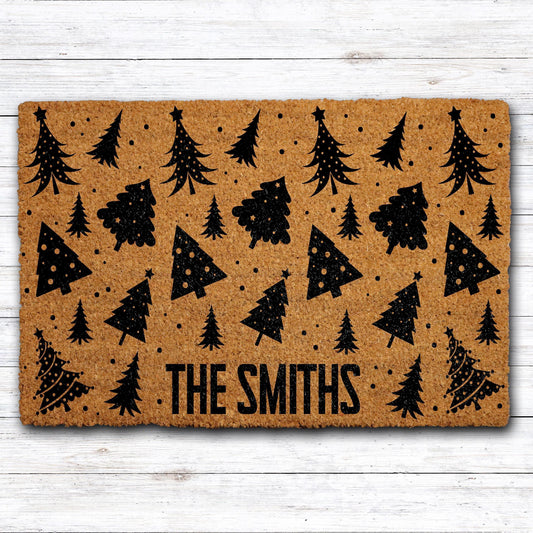 Personalized Christmas Tree Pattern Doormat, Custom Last Name Holiday Coir Mat