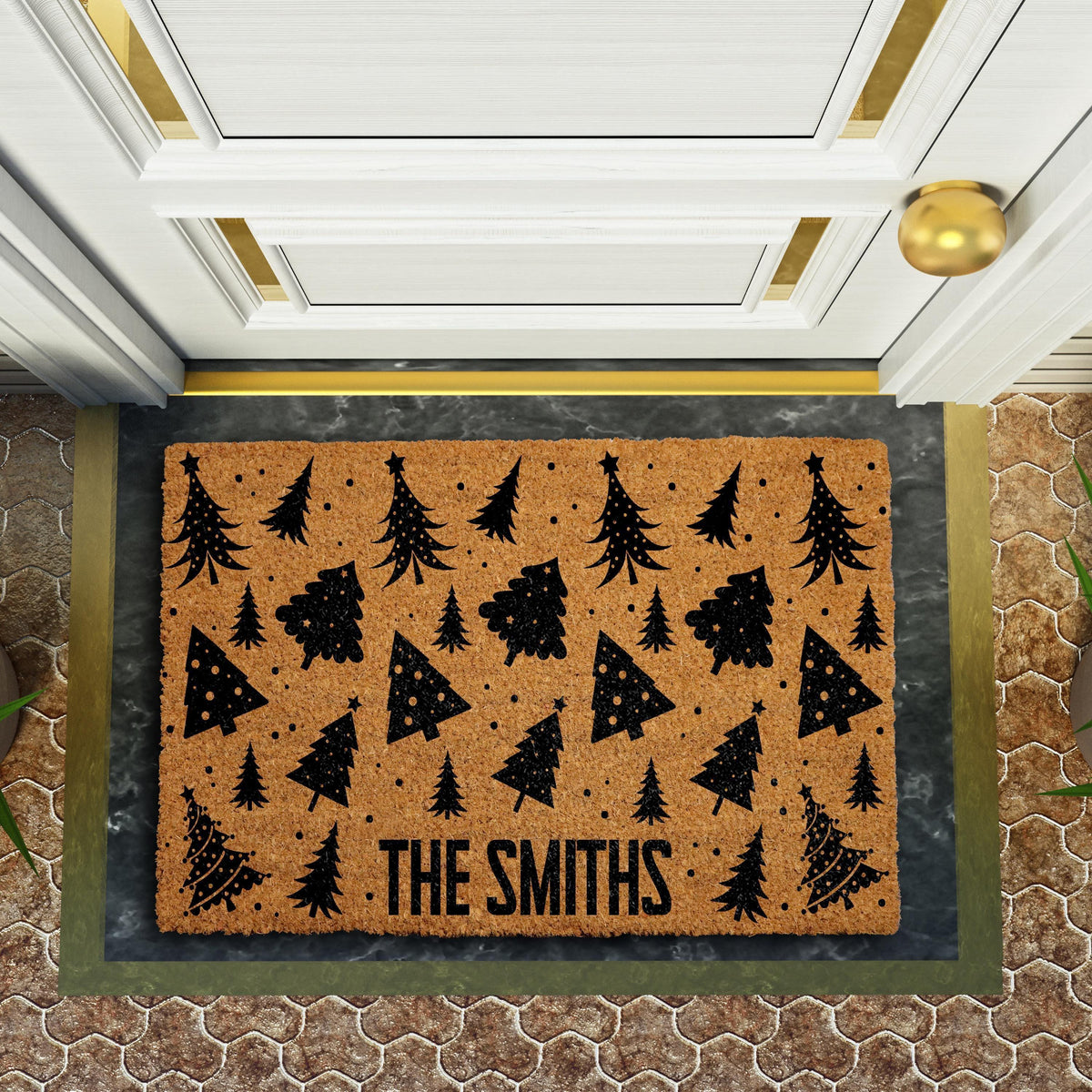 Personalized Christmas Tree Pattern Doormat, Custom Last Name Holiday Coir Mat