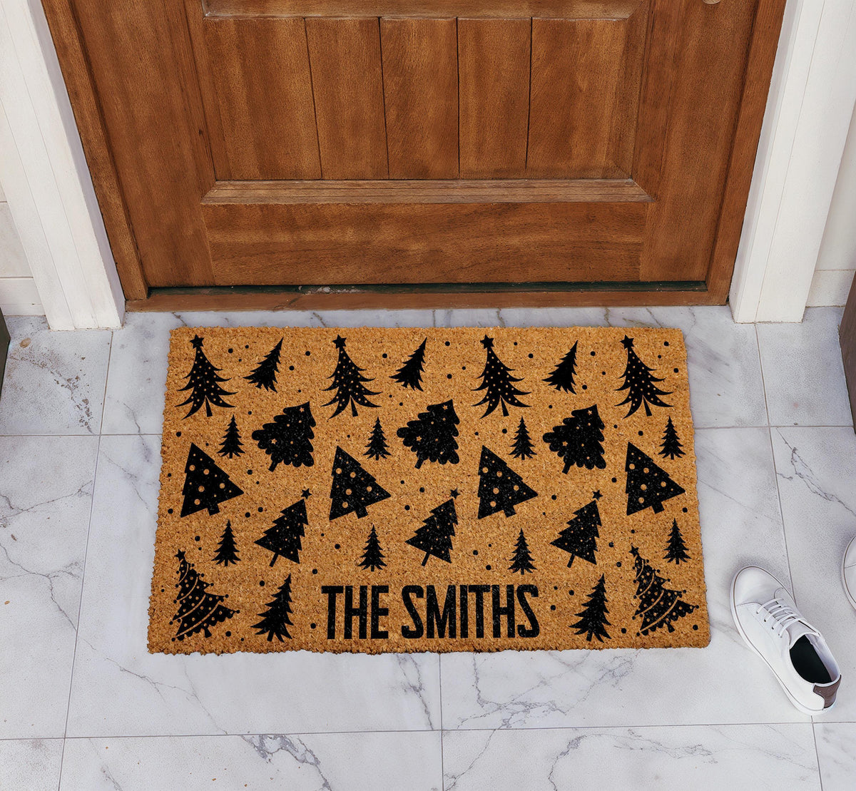 Personalized Christmas Tree Pattern Doormat, Custom Last Name Holiday Coir Mat