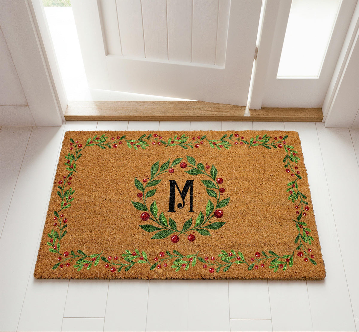 Custom Monogram Christmas Doormat, Personalized Initial Welcome Mat