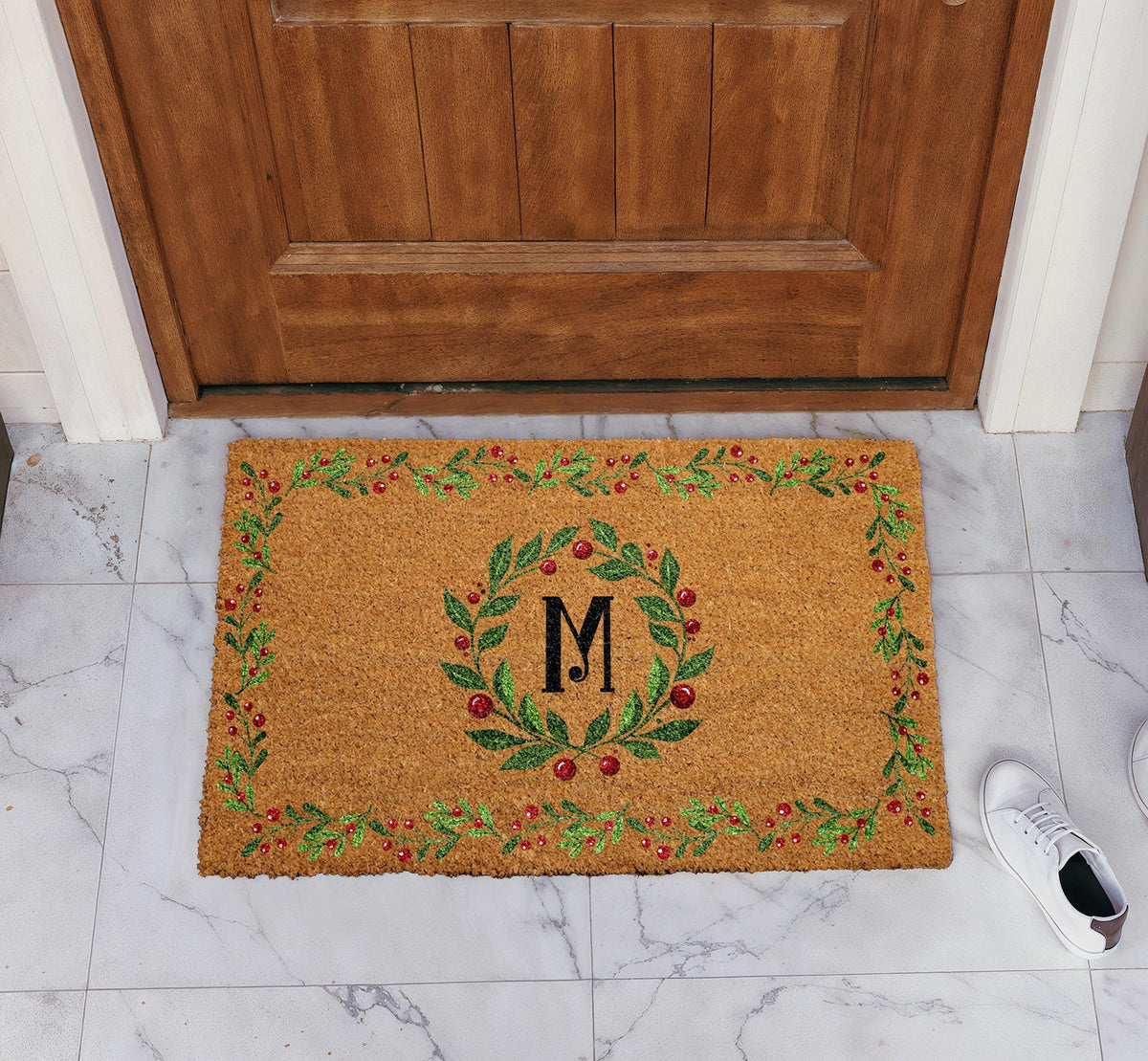 Custom Monogram Christmas Doormat, Personalized Initial Welcome Mat