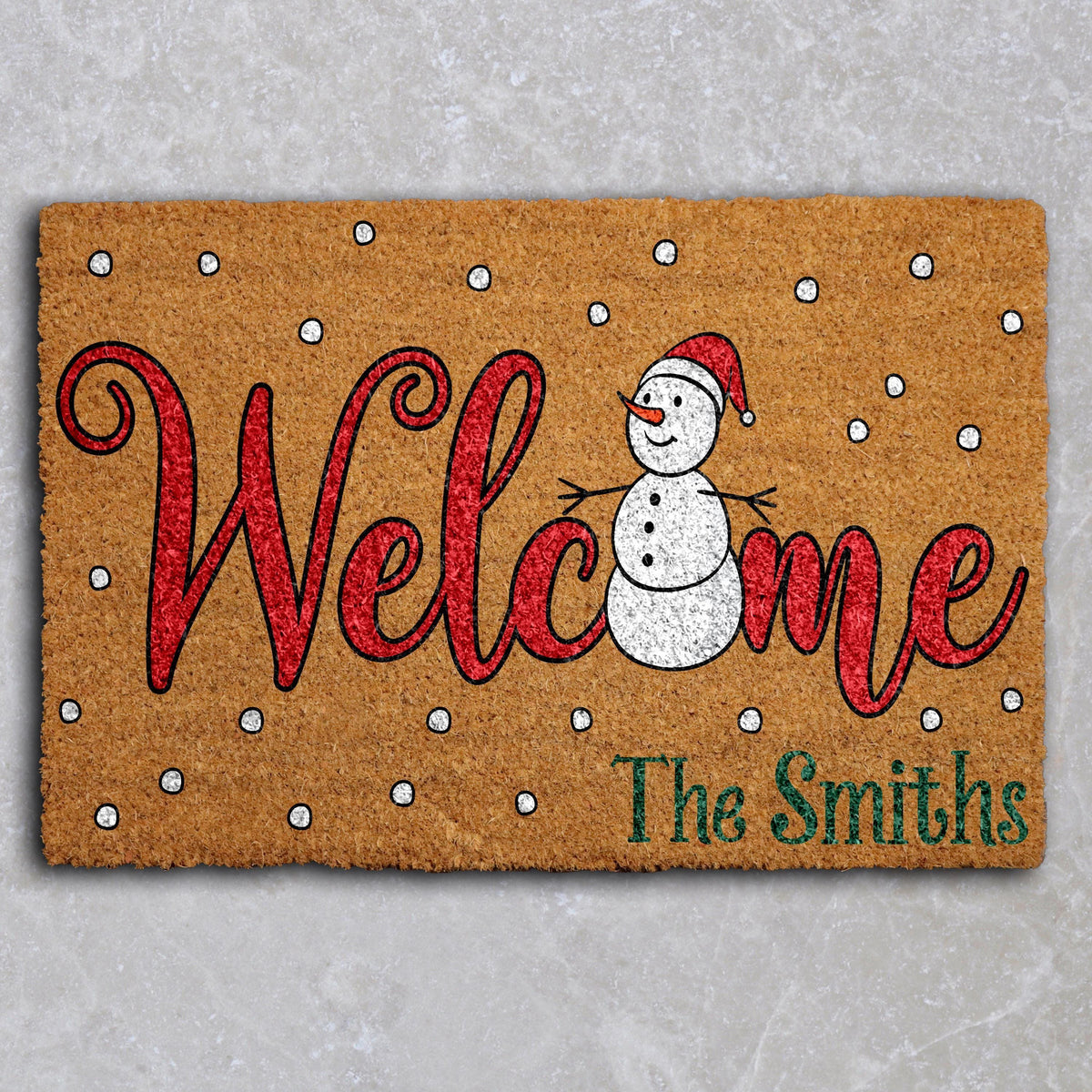 Personalized Welcome Snowman Doormat, Custom Family Name Winter Home Decor