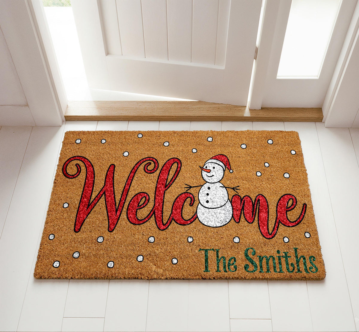Personalized Welcome Snowman Doormat, Custom Family Name Winter Home Decor