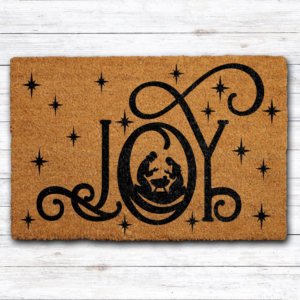 JOY Nativity Silhouette Doormat, Religious Welcome Mat, Christian Home Entrance Decor