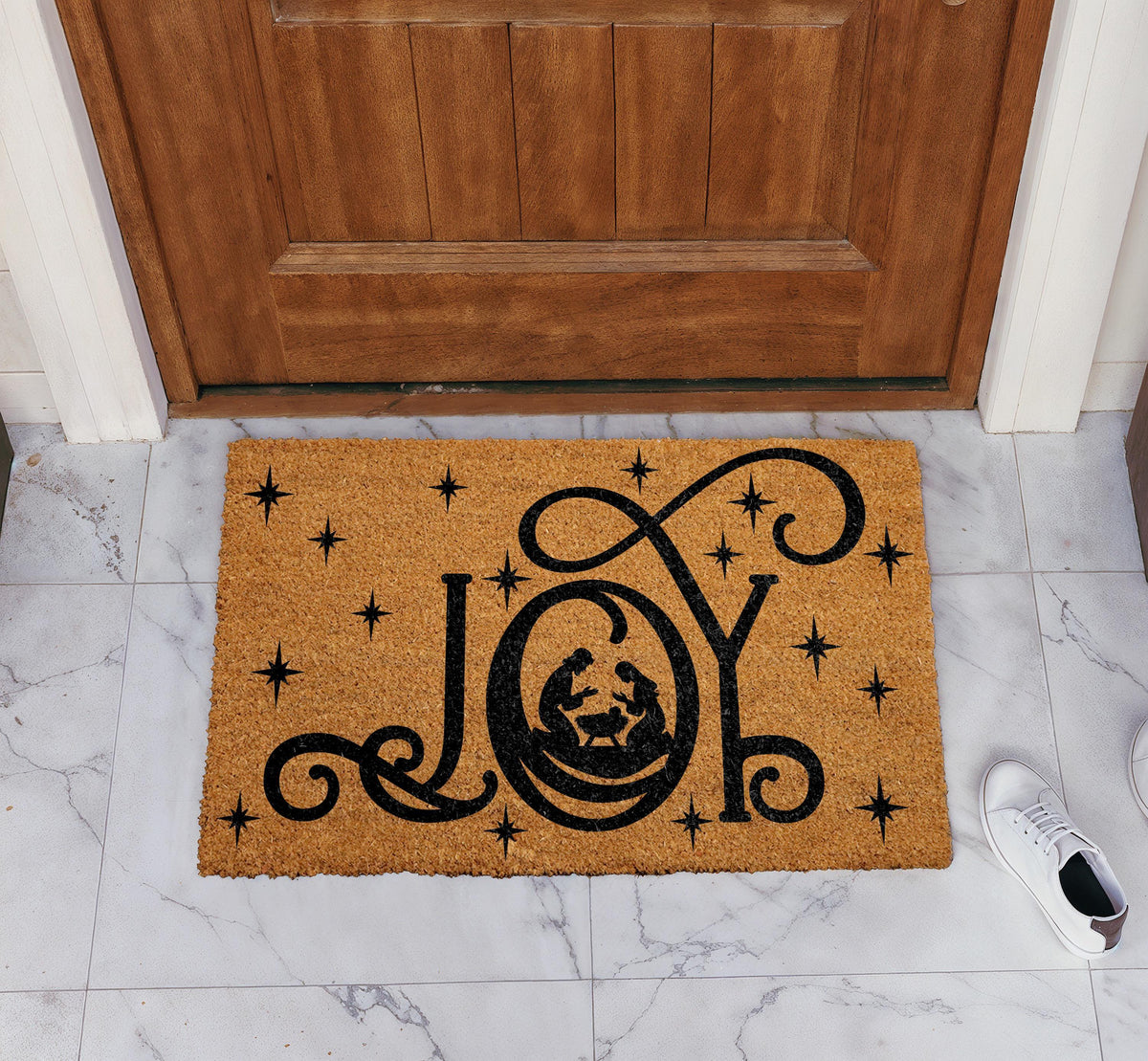 JOY Nativity Silhouette Doormat, Religious Welcome Mat, Christian Home Entrance Decor