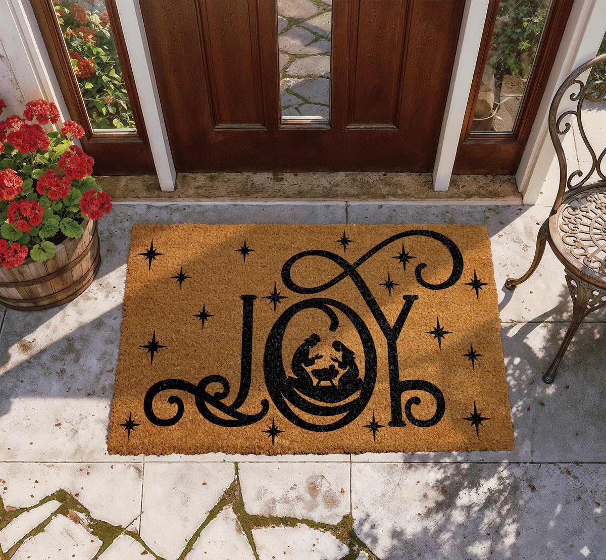 JOY Nativity Silhouette Doormat, Religious Welcome Mat, Christian Home Entrance Decor