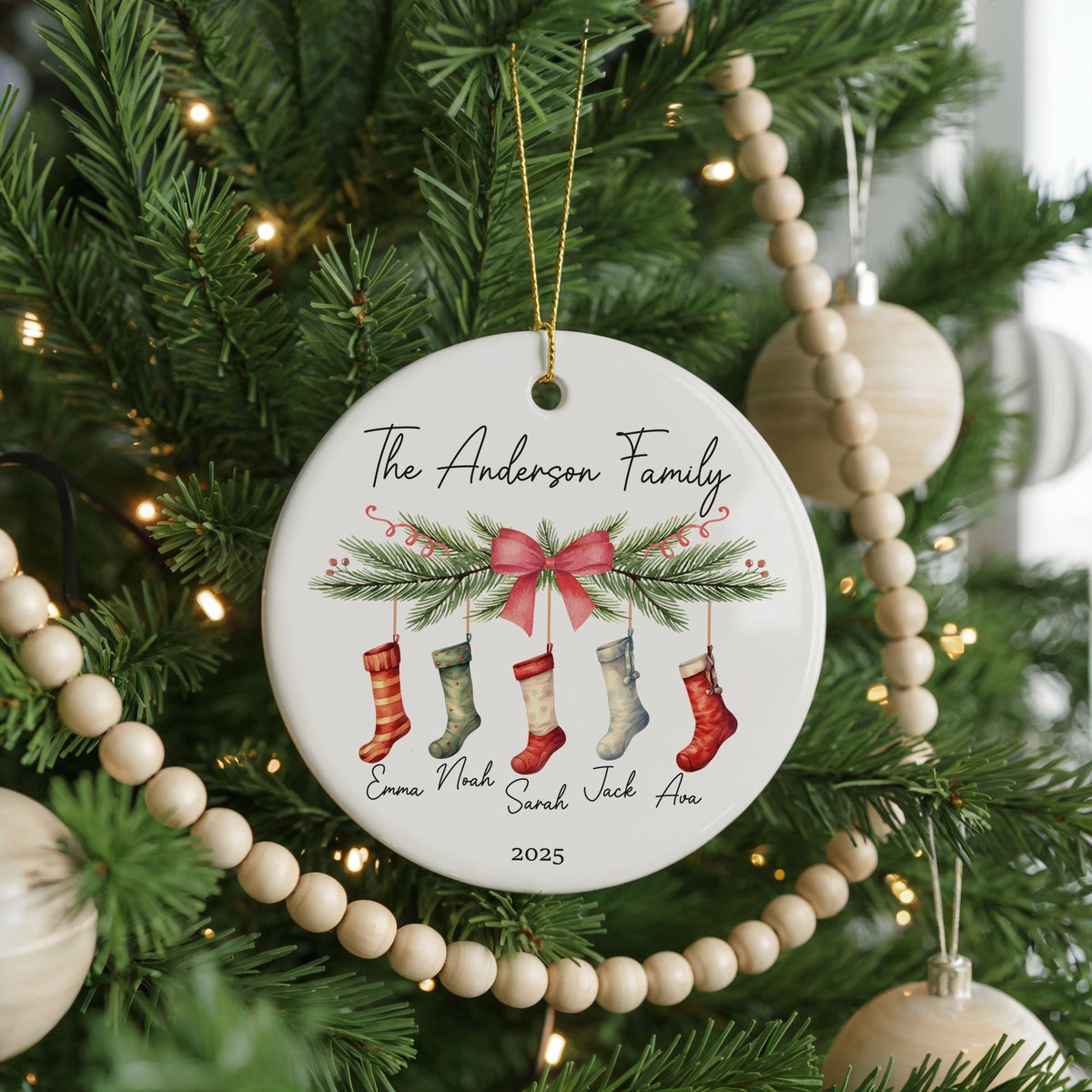 Personalized Family Christmas Ornament, Stocking Design Ceramic Keepsake