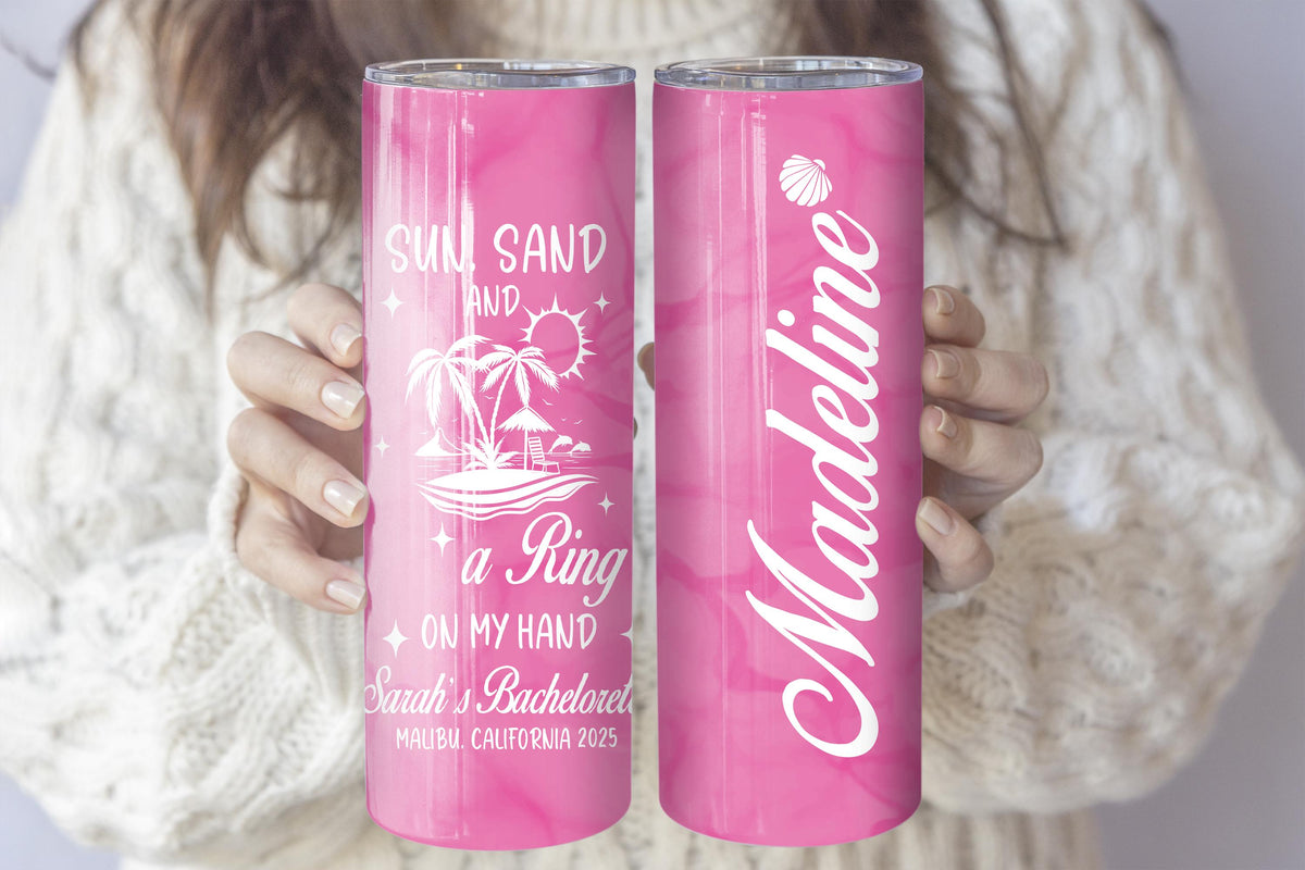 Sun Sand And A Ring On My Hand Tumbler With Straw, Customizable Beach Bachelorette Cups
