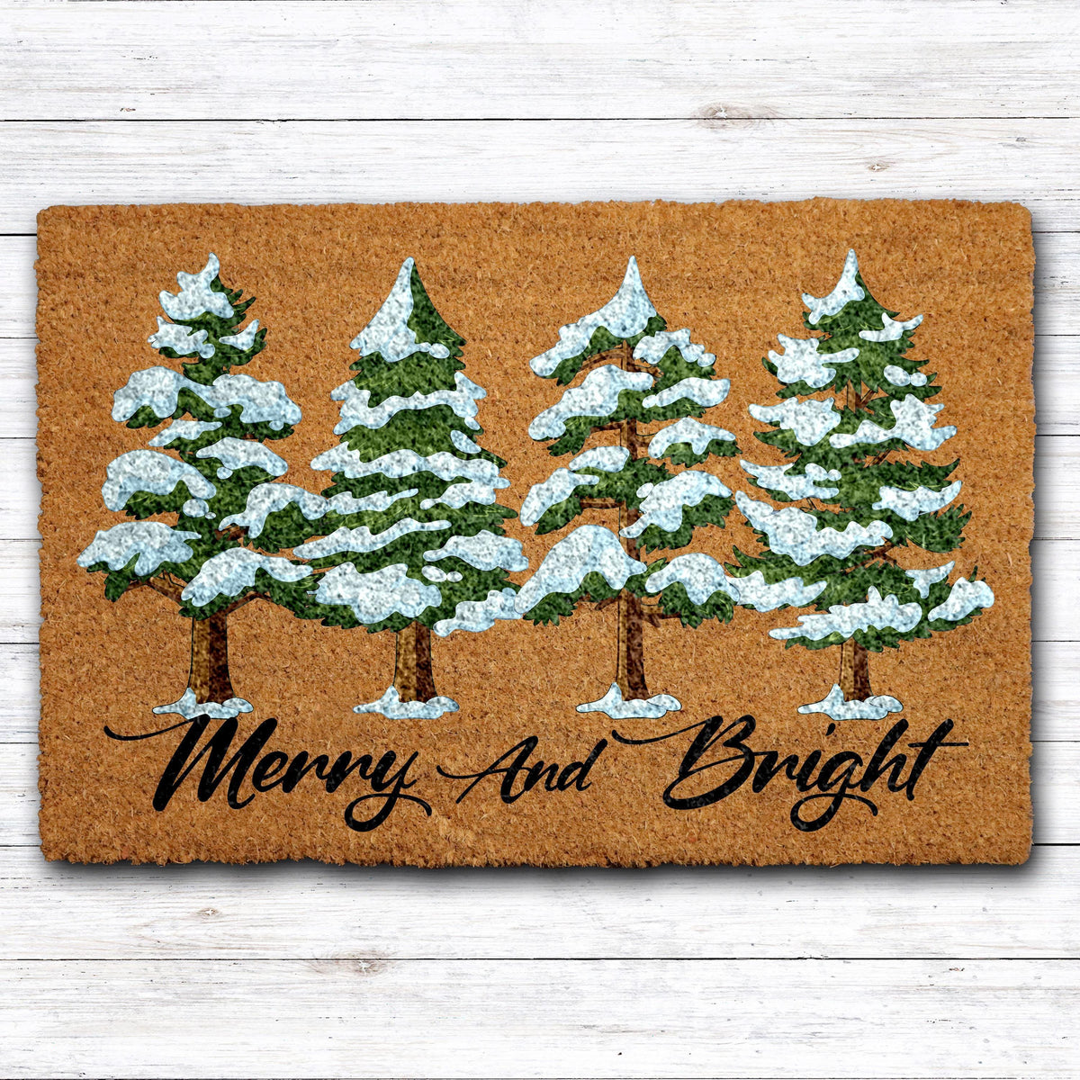 Merry and Bright Doormat, Snowy Pine Tree Welcome Mat, Cute Christmas Home Entrance Rug