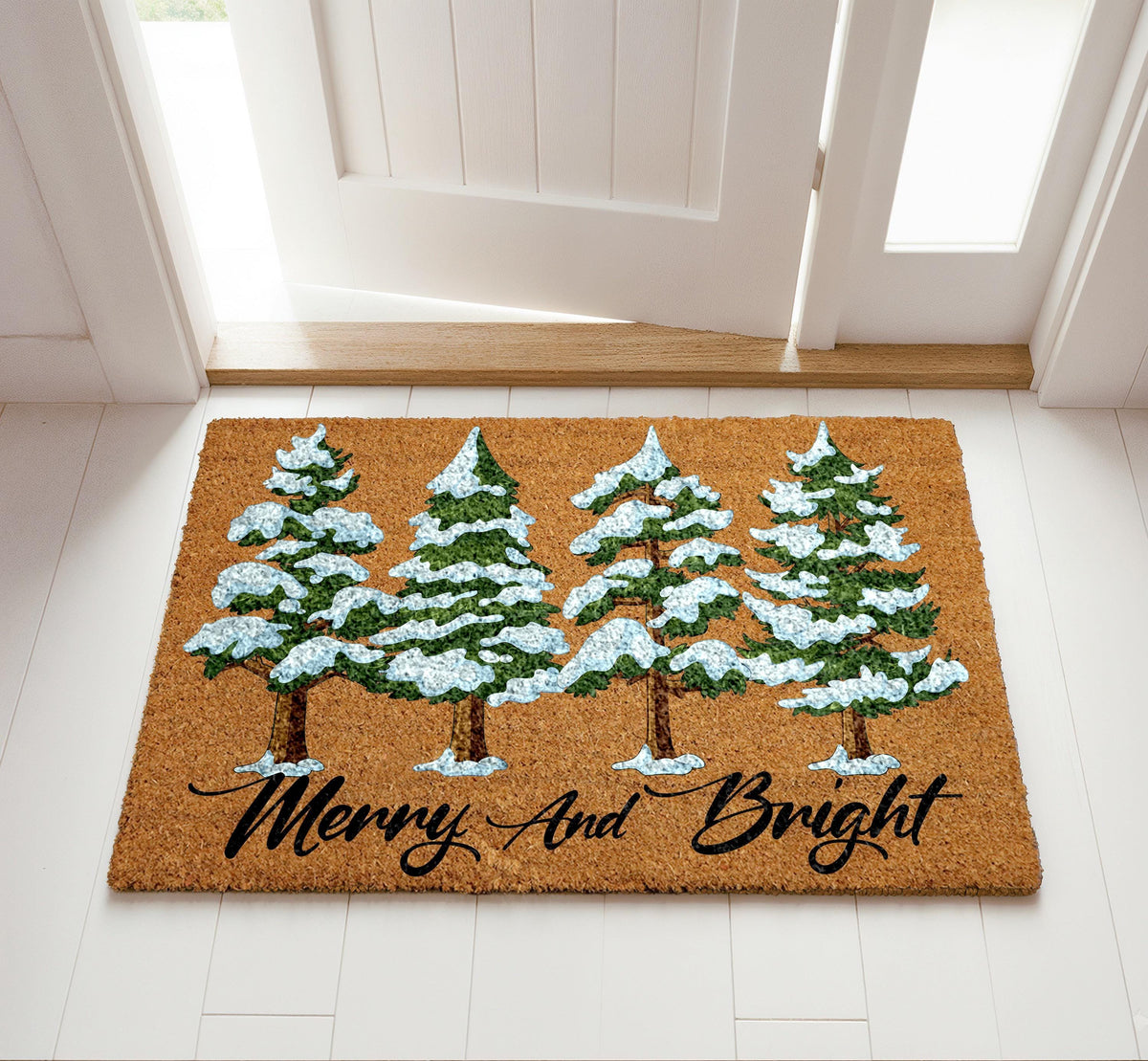 Merry and Bright Doormat, Snowy Pine Tree Welcome Mat, Cute Christmas Home Entrance Rug