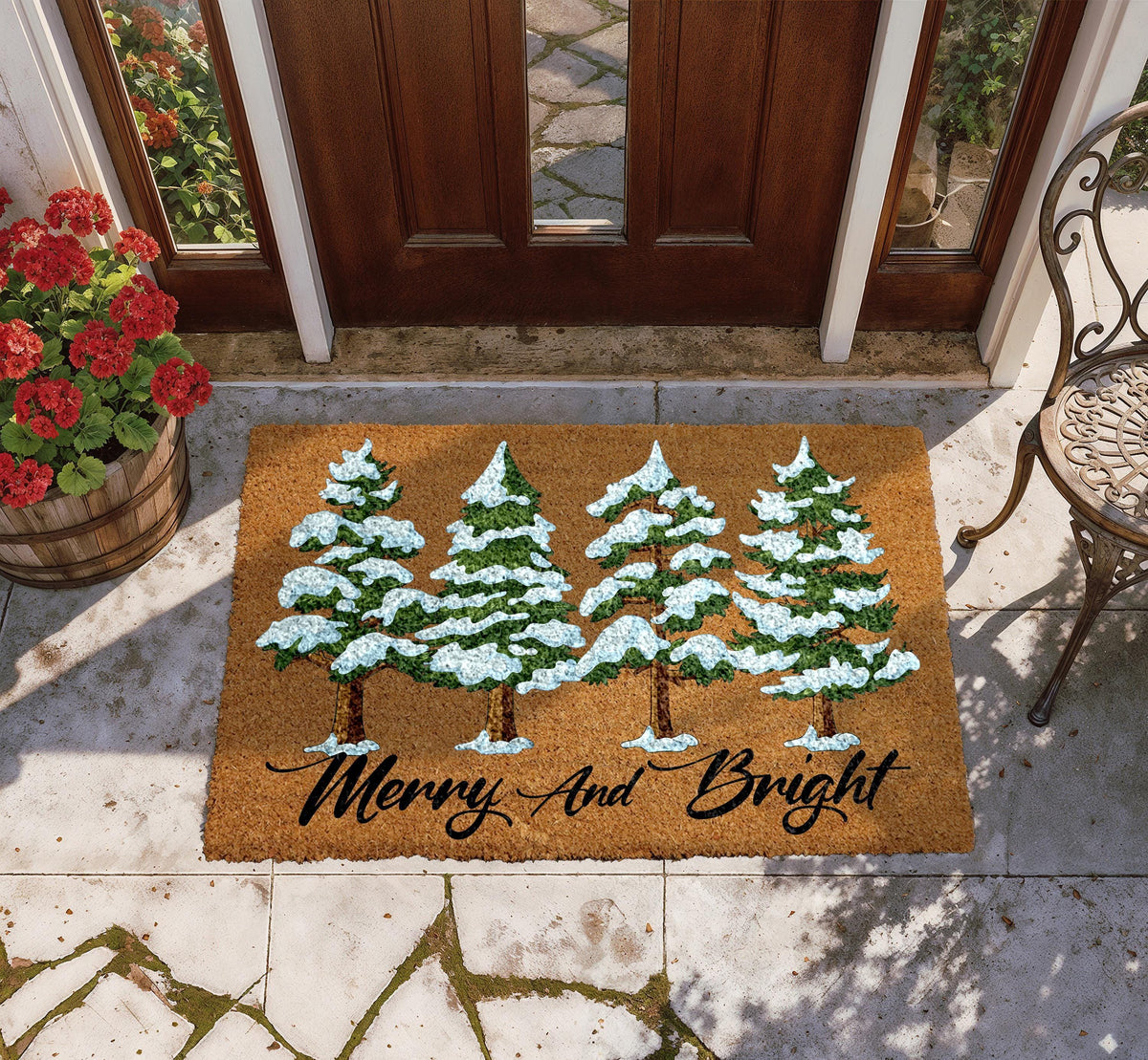 Merry and Bright Doormat, Snowy Pine Tree Welcome Mat, Cute Christmas Home Entrance Rug