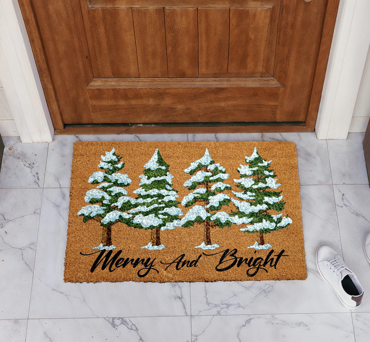 Merry and Bright Doormat, Snowy Pine Tree Welcome Mat, Cute Christmas Home Entrance Rug