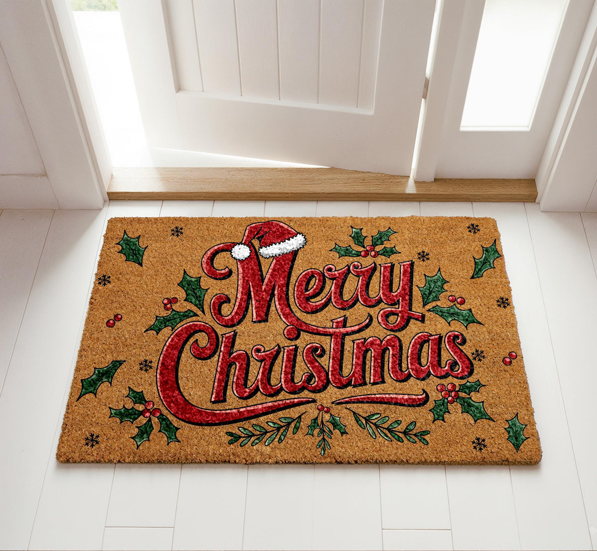 Merry Christmas Doormat, Santa Hat and Holly Berries Welcome Mat