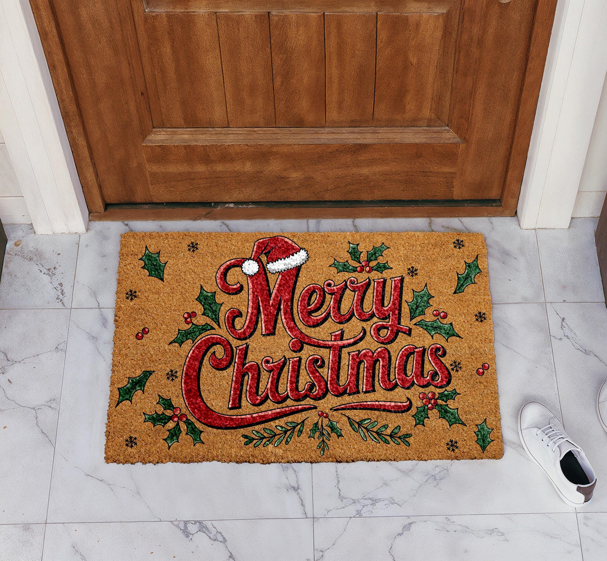 Merry Christmas Doormat, Santa Hat and Holly Berries Welcome Mat