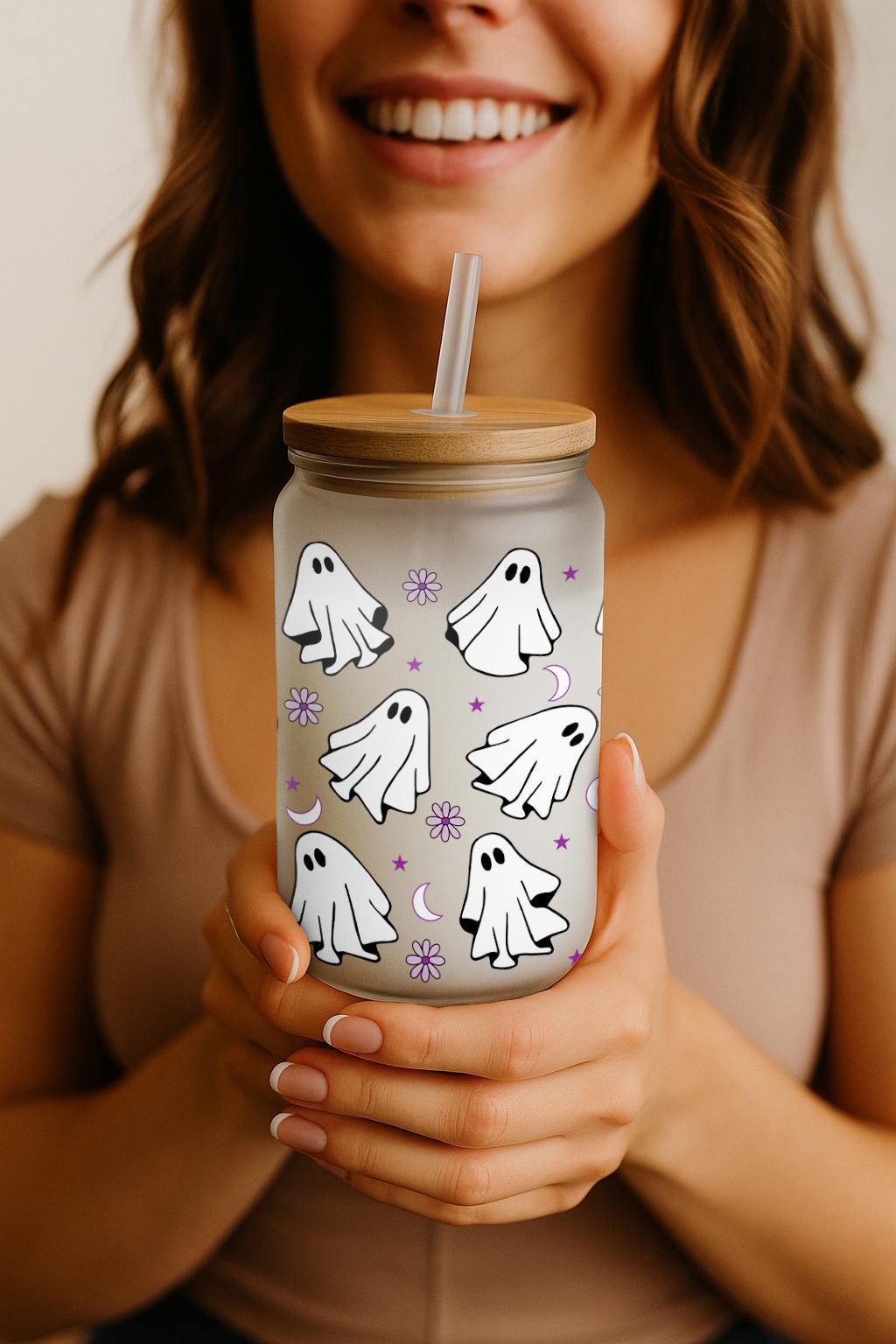 Floral Cute Ghost Pattern Can Glass Tumbler, Spooky Season Kids Gift Bamboo Lid & Straw Cup