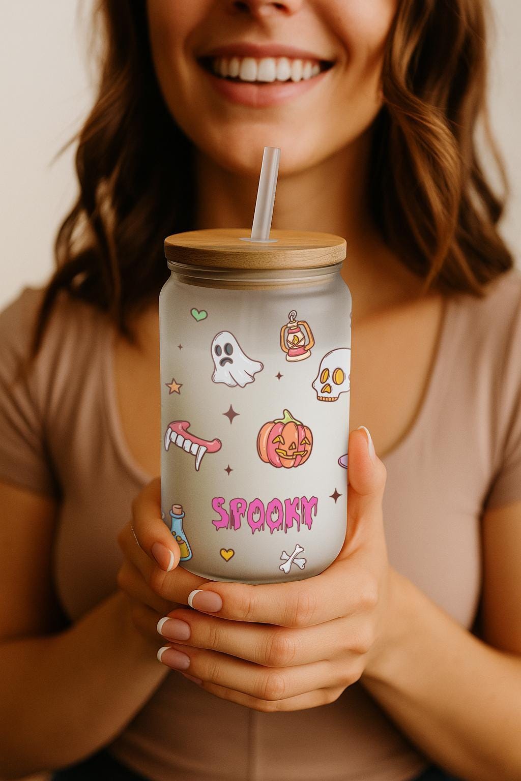 Halloween Theme Doodles Design Can Glass Tumbler, Spooky Season Kids Bamboo Lid Cup