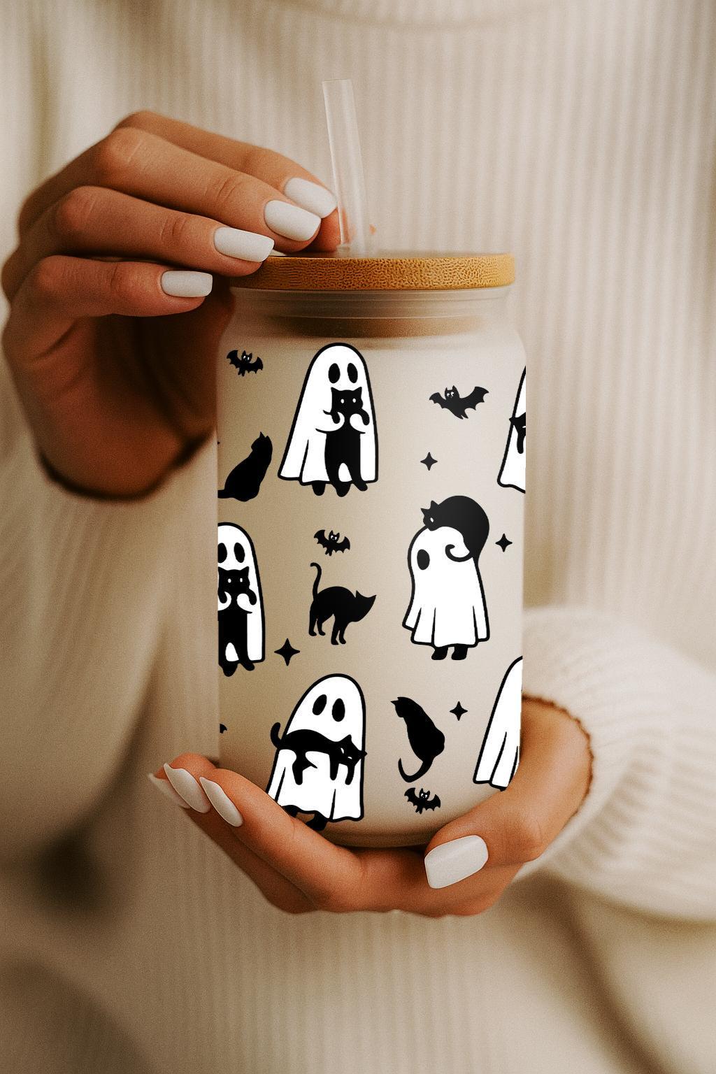 Cute Ghost And Black Cat Pattern Halloween Can Glass, Spooky Season Cat Lovers Iced Coffee Cup
