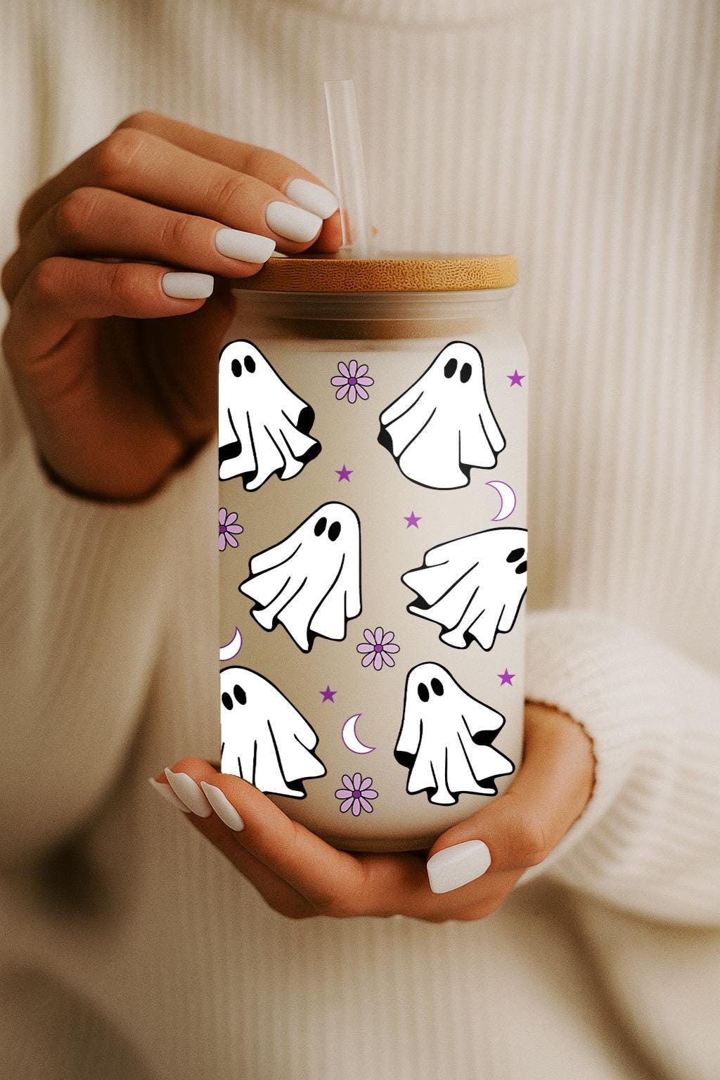 Floral Cute Ghost Pattern Can Glass Tumbler, Spooky Season Kids Gift Bamboo Lid & Straw Cup