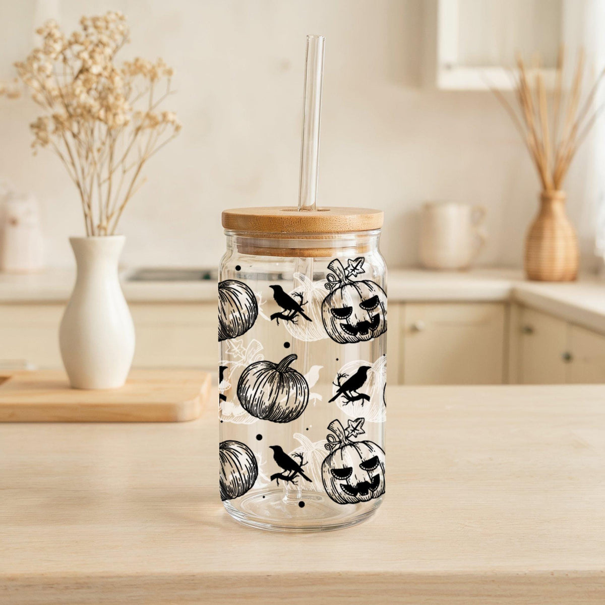 Jack-O-Lantern And Crow Pattern Can Glass Tumbler