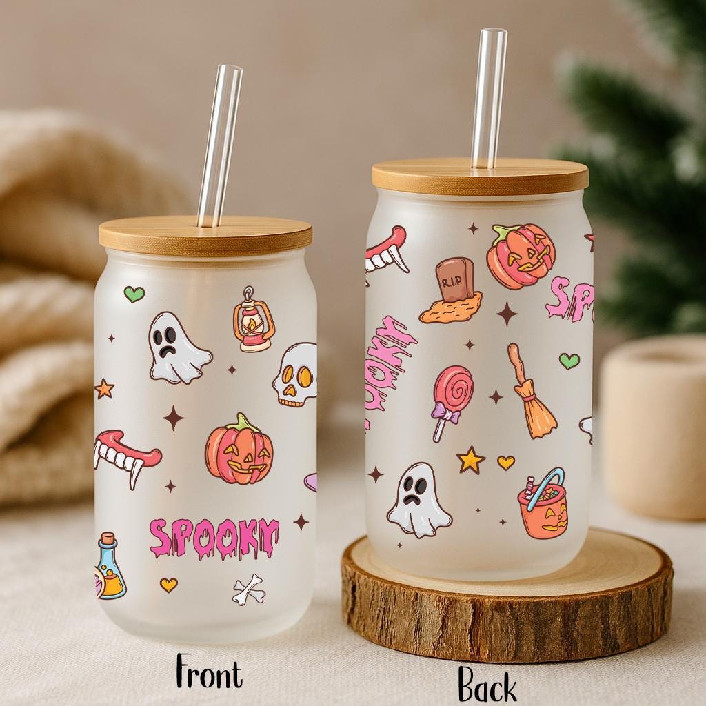 Halloween Theme Doodles Design Can Glass Tumbler, Spooky Season Kids Bamboo Lid Cup