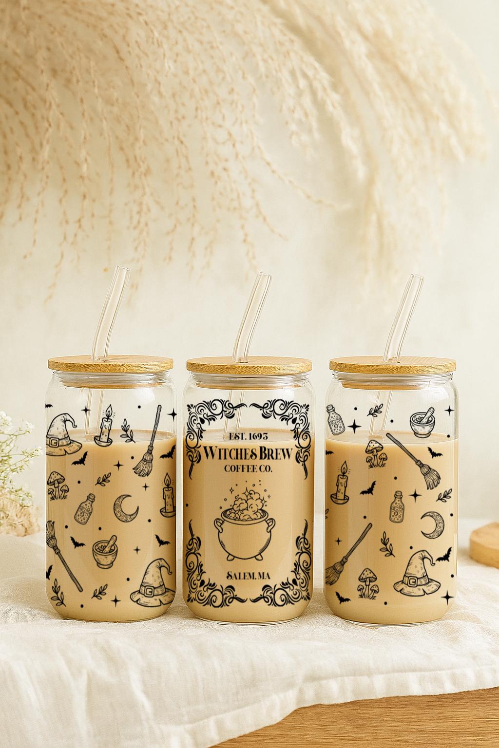 Witches Brew Coffee Co. Est 1693 Bamboo Lid Cup, Witchy Halloween Design Can Glass Tumbler