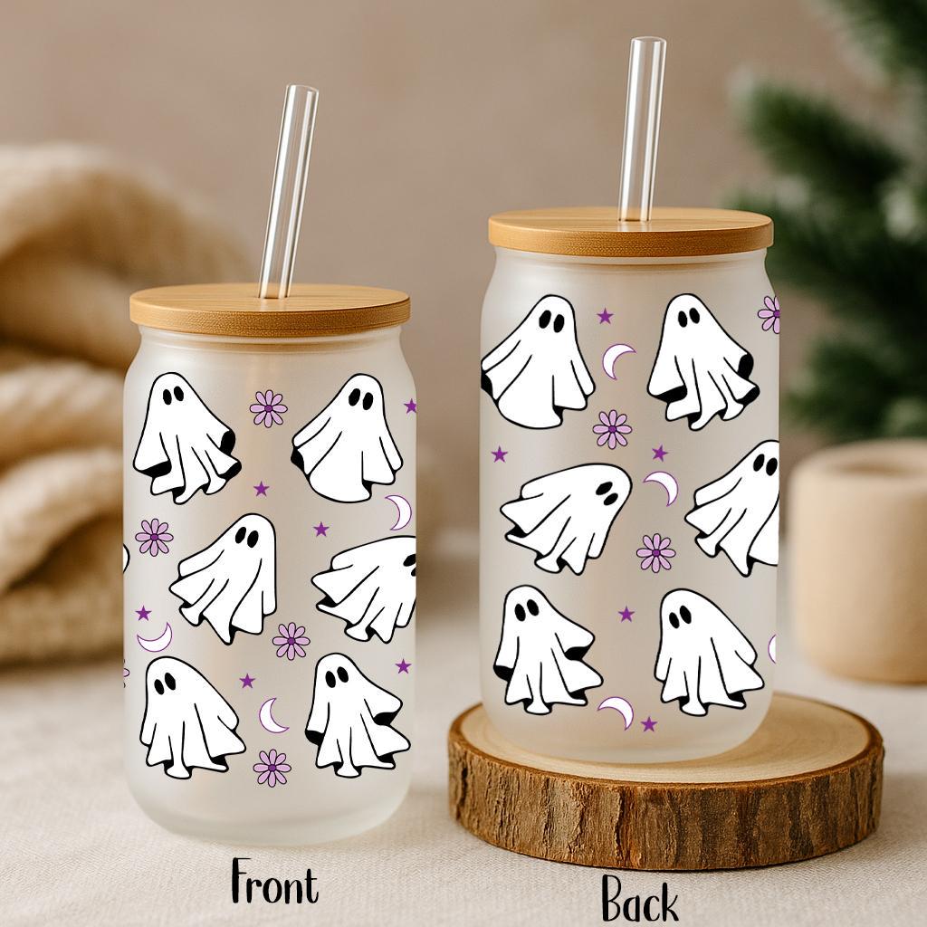 Floral Cute Ghost Pattern Can Glass Tumbler, Spooky Season Kids Gift Bamboo Lid & Straw Cup
