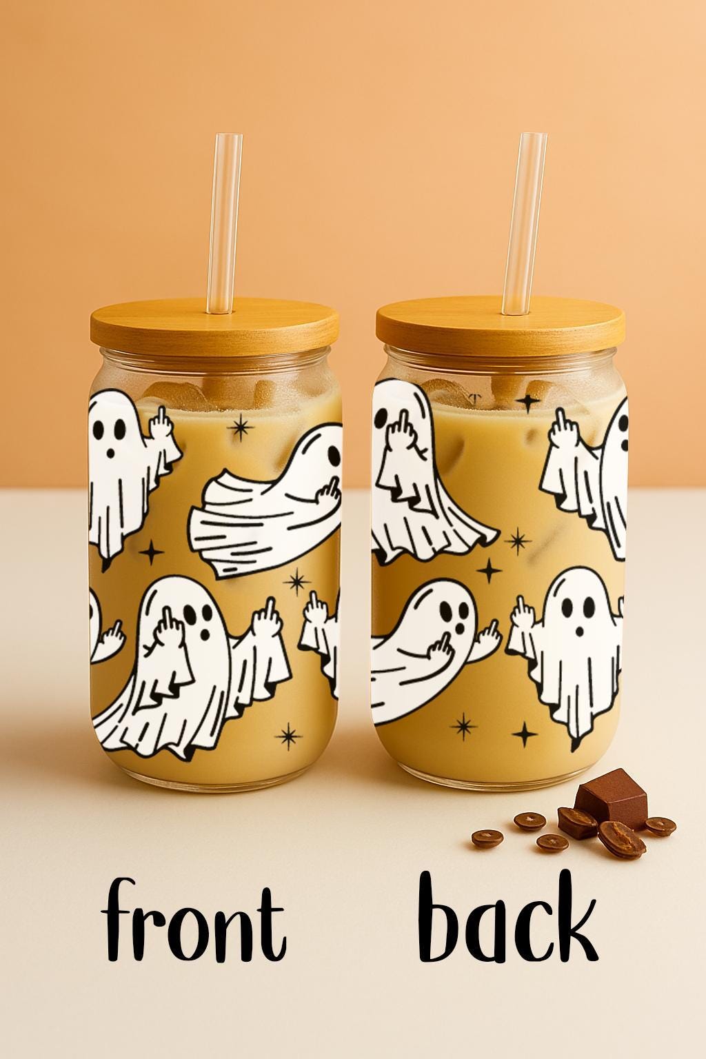 Ghost Giving Middle Finger Pattern Iced Coffee Cup, Funny Spooky Season Gift Can Glass Tumbler