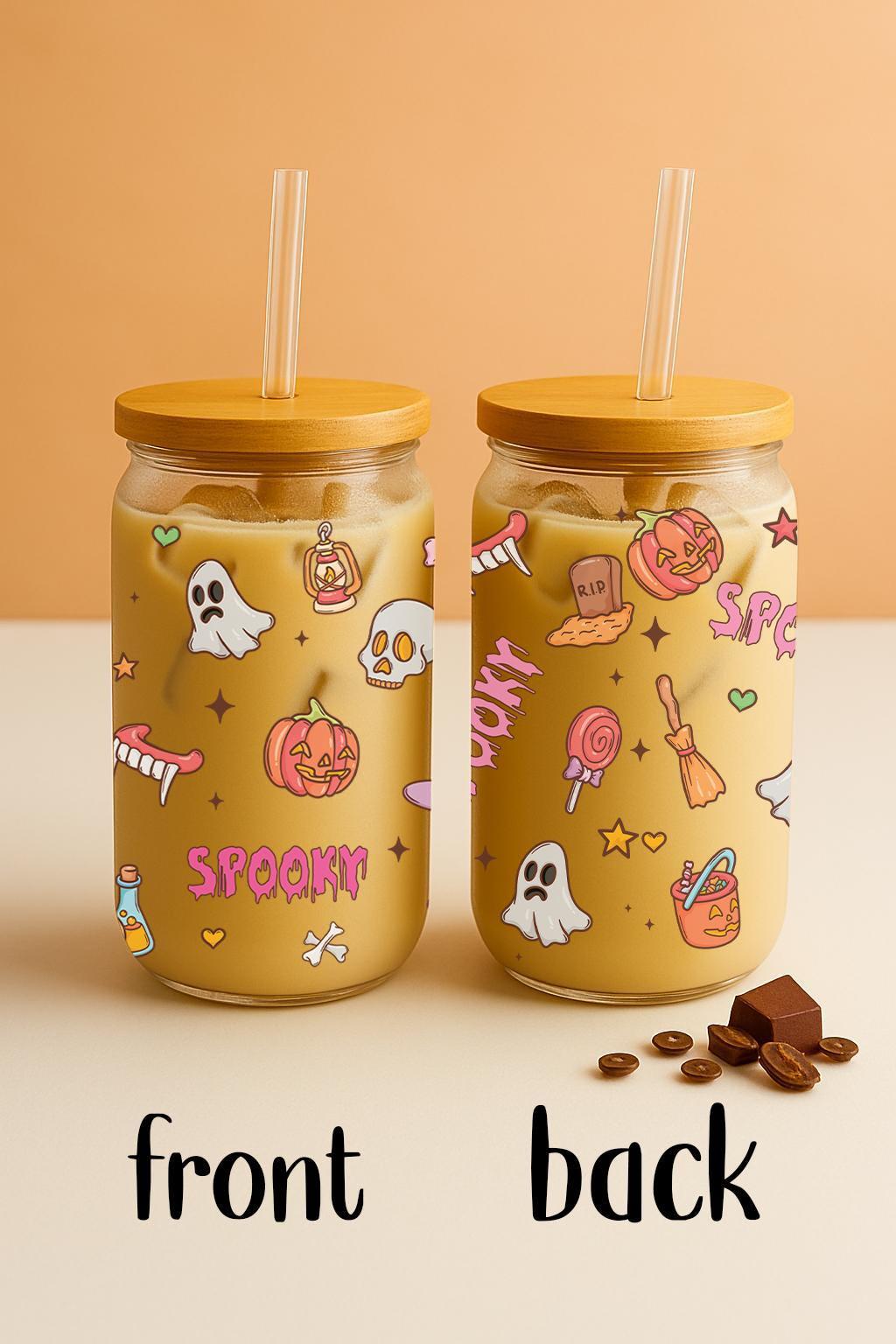 Halloween Theme Doodles Design Can Glass Tumbler, Spooky Season Kids Bamboo Lid Cup