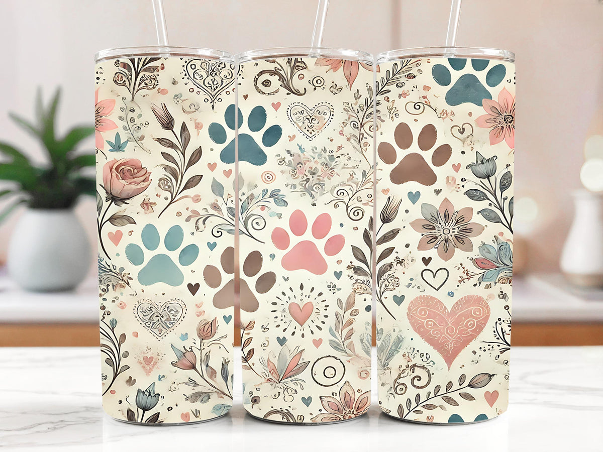Vintage Design Dog Paw Stainless Steel Tumbler, Retro Dog Lovers Gift Tumbler With Straw