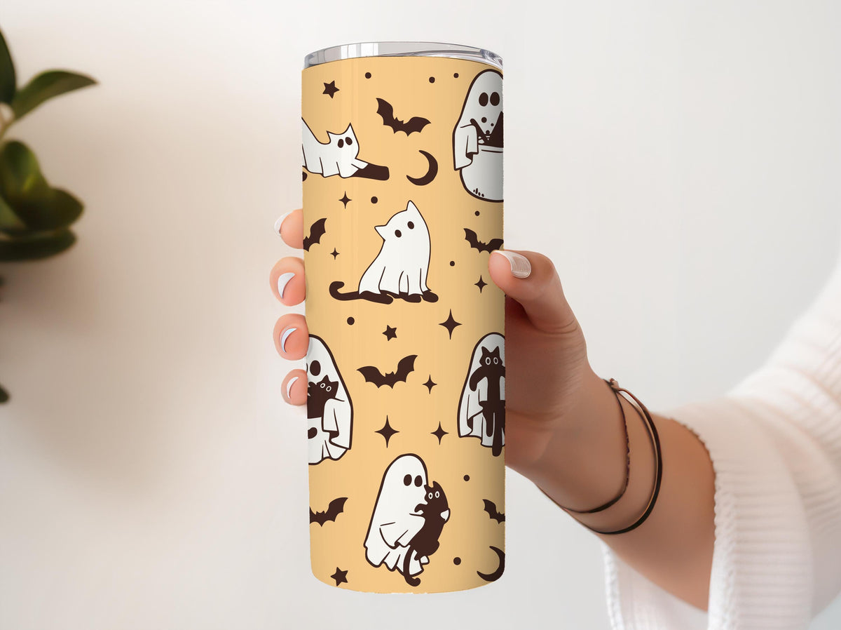 Halloween Ghost Cat Theme Insulated Tumbler, Spooky Season Cute Black Cat And Bats Tumbler