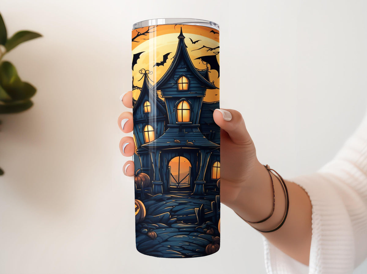 Vibrant Colors Haunted House Tumbler With Straw