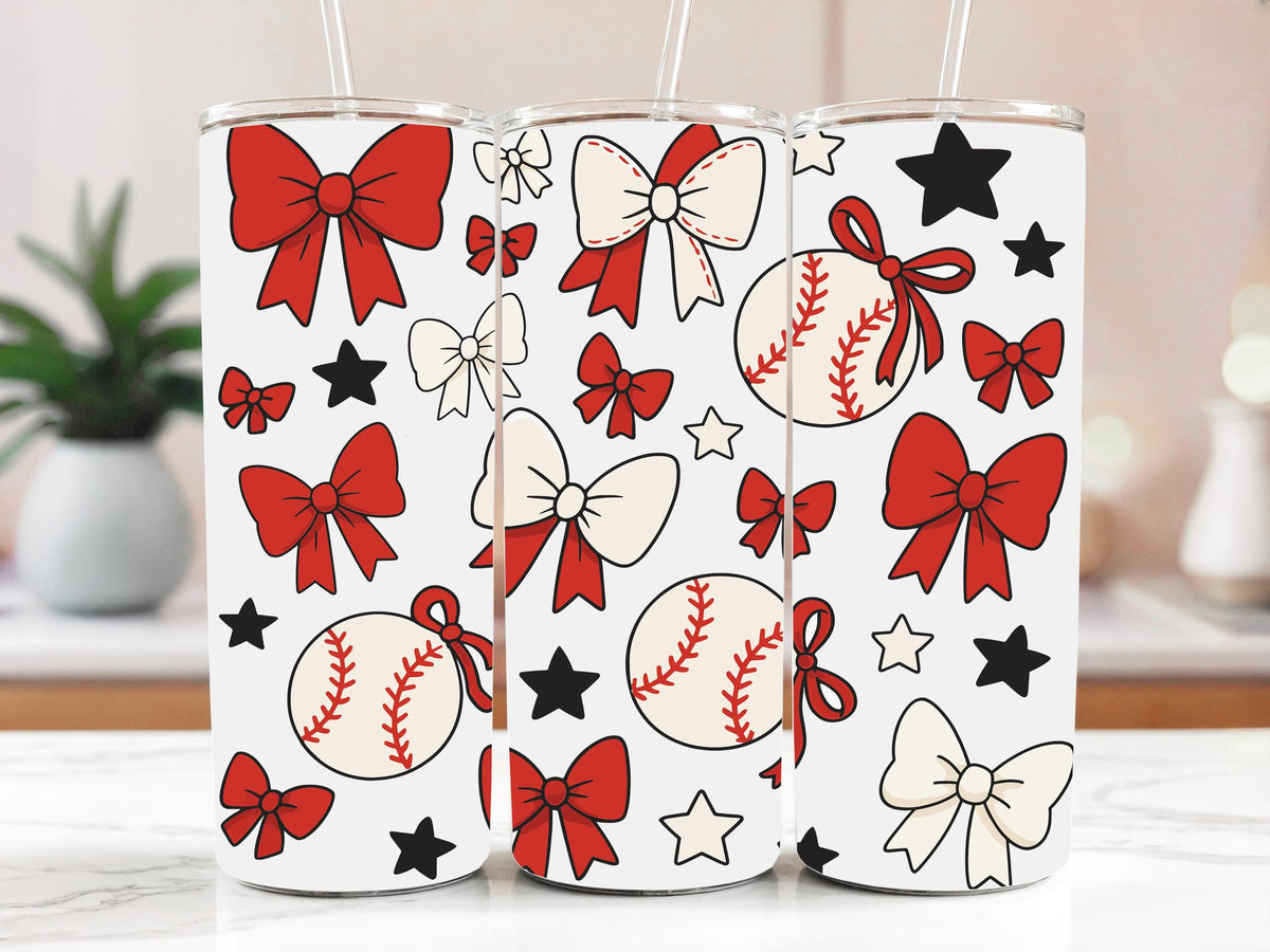 Baseball Theme Stainless Steel Tumbler, Baseball Mom Coquette Bow Insulated Tumbler