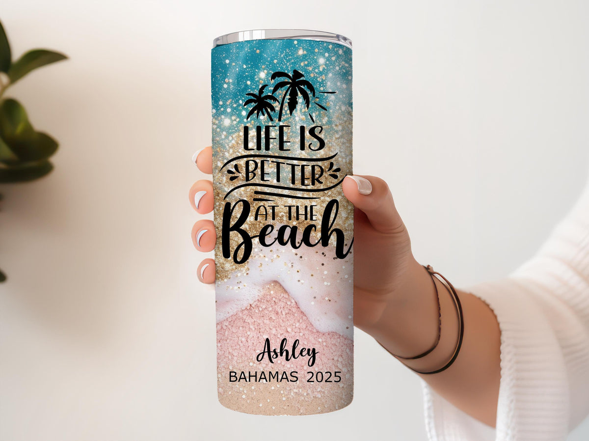 Personalized Beach Themed Insulated Tumblers, Summer Vacation Girls Matching Tumbler With Straw