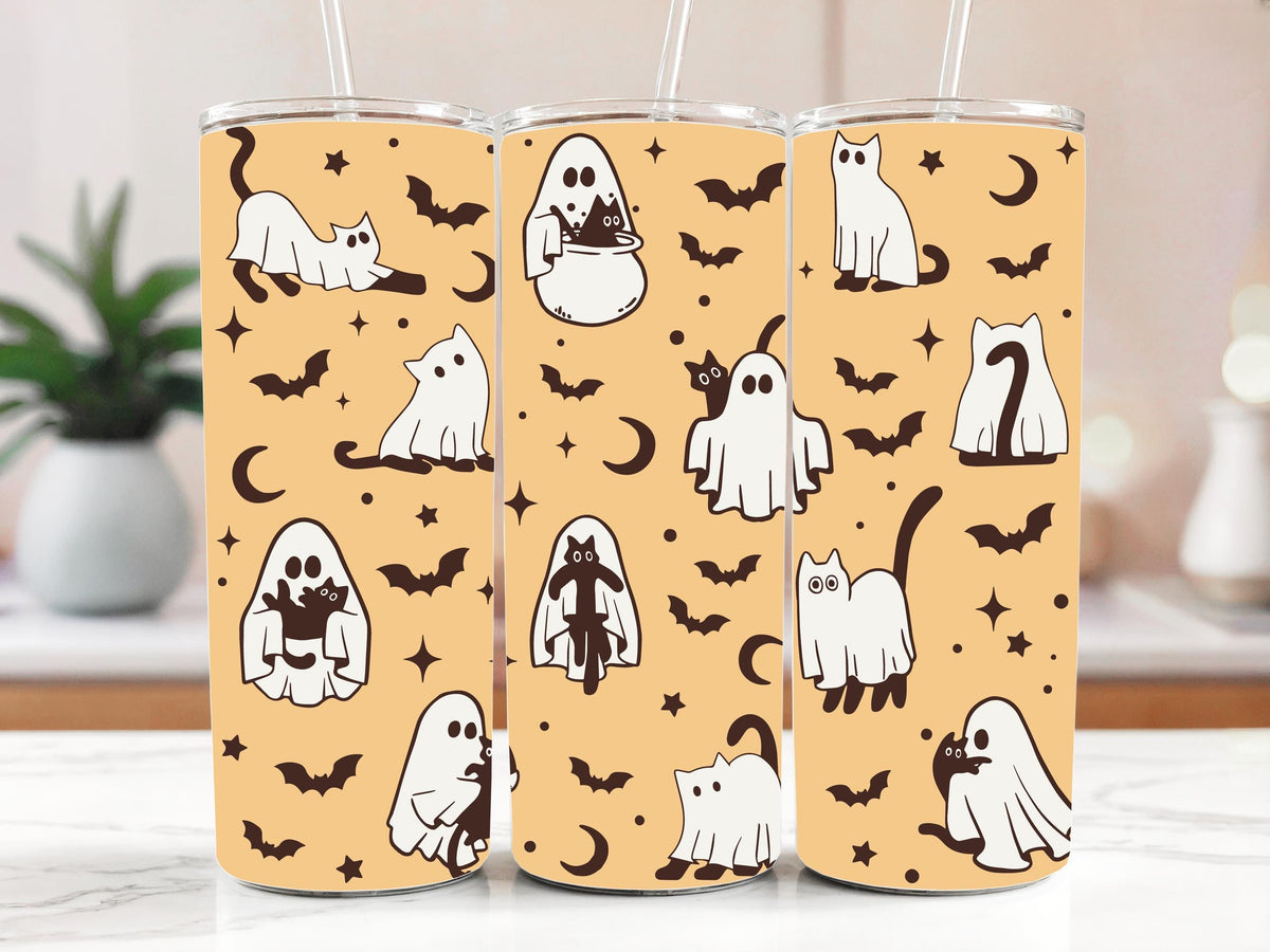 Halloween Ghost Cat Theme Insulated Tumbler, Spooky Season Cute Black Cat And Bats Tumbler