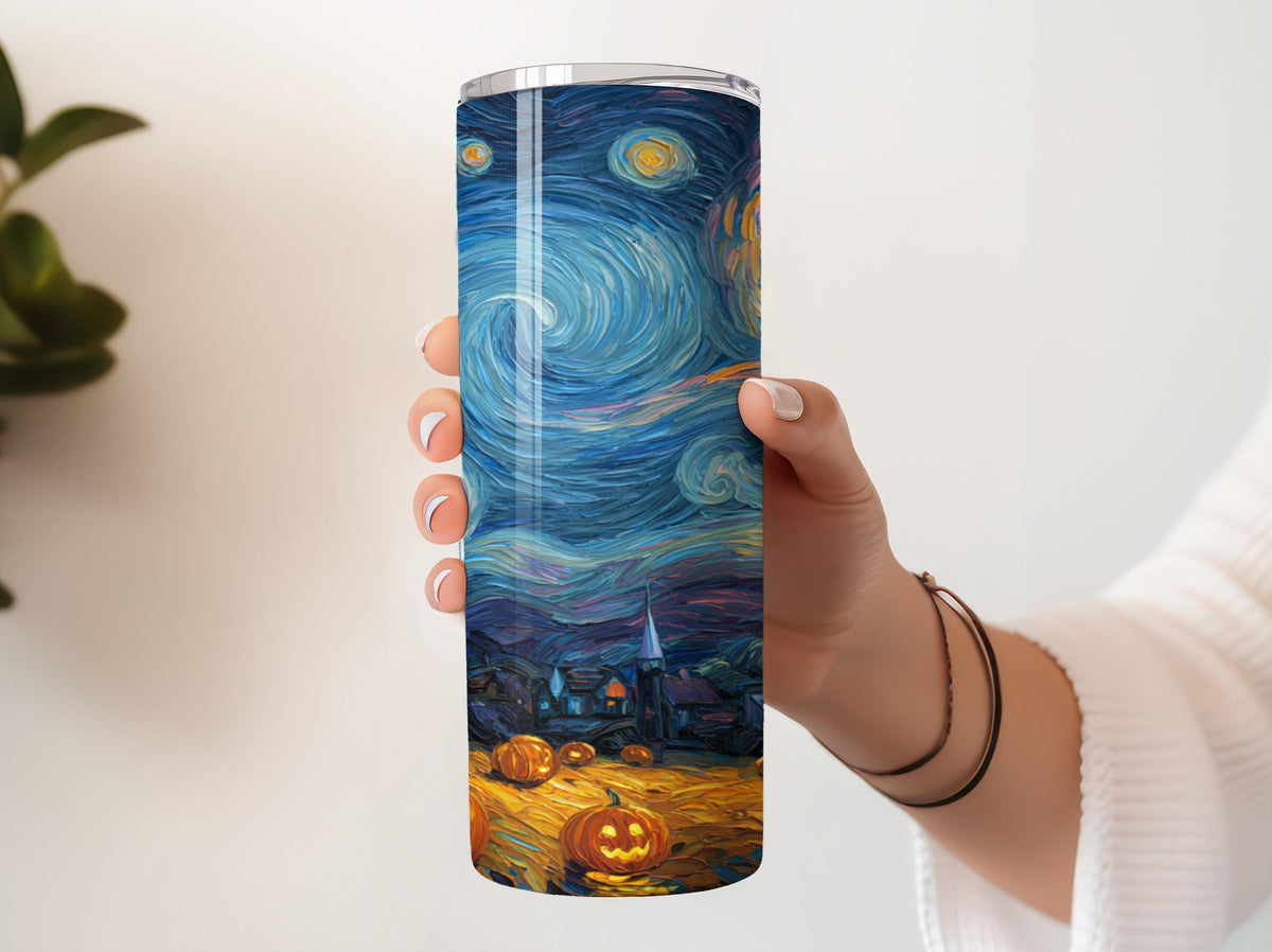 Starry Night Halloween Themed Insulated Tumbler, Spooky Season Pumpkin Field Steel Water Bottle