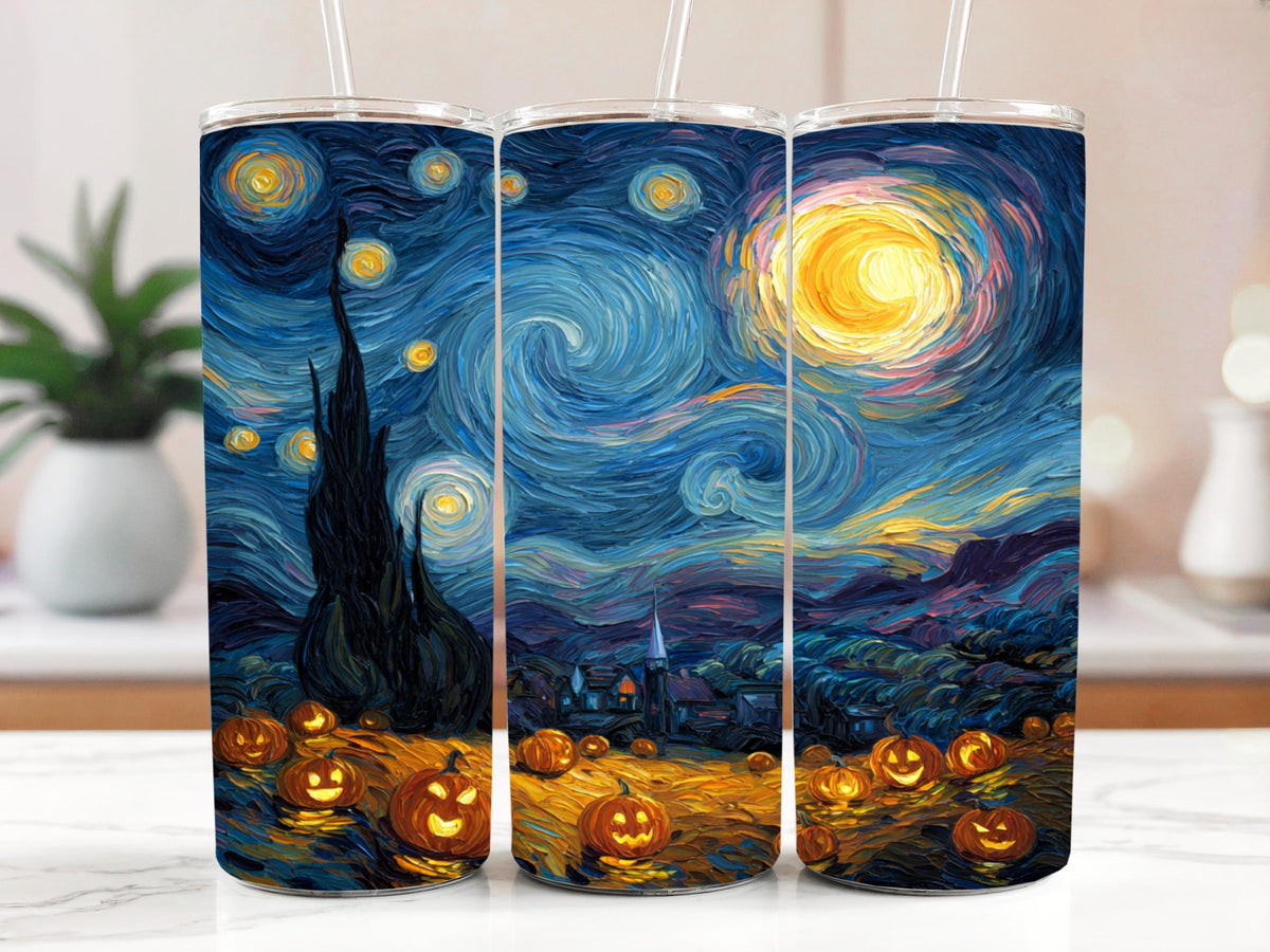 Starry Night Halloween Themed Insulated Tumbler, Spooky Season Pumpkin Field Steel Water Bottle