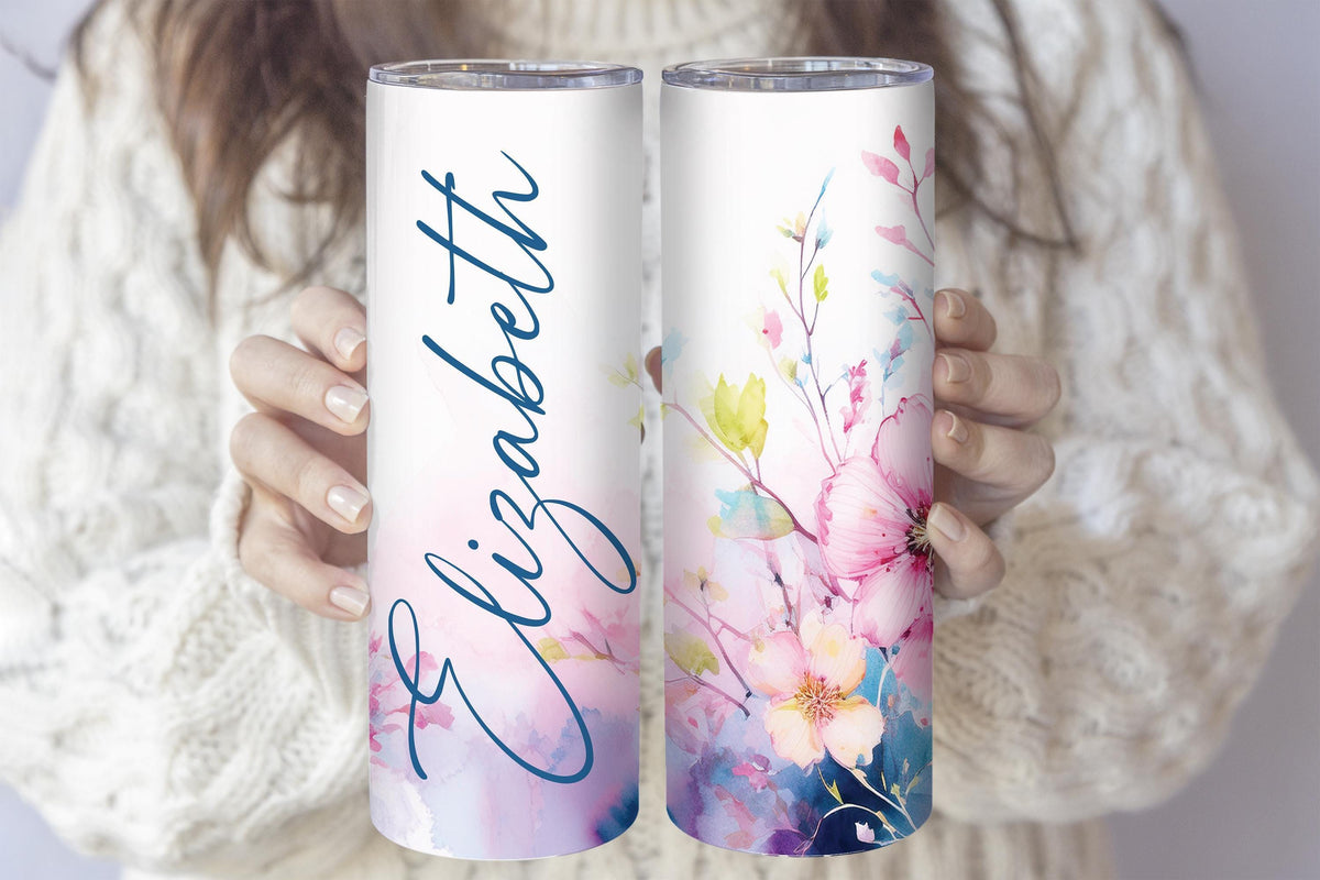 Personalized Floral Stainless Steel Tumbler, Watercolor Insulated Tumbler