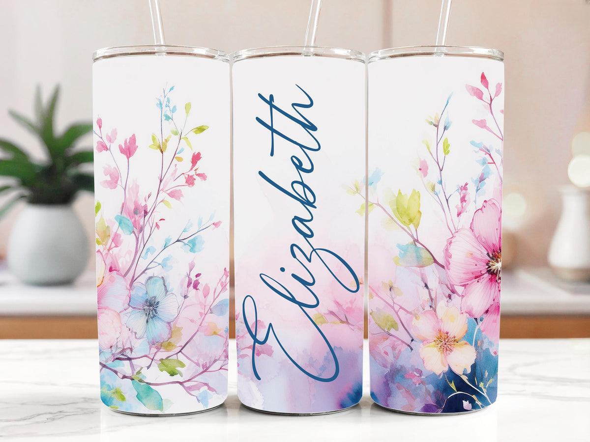 Personalized Floral Stainless Steel Tumbler, Watercolor Insulated Tumbler